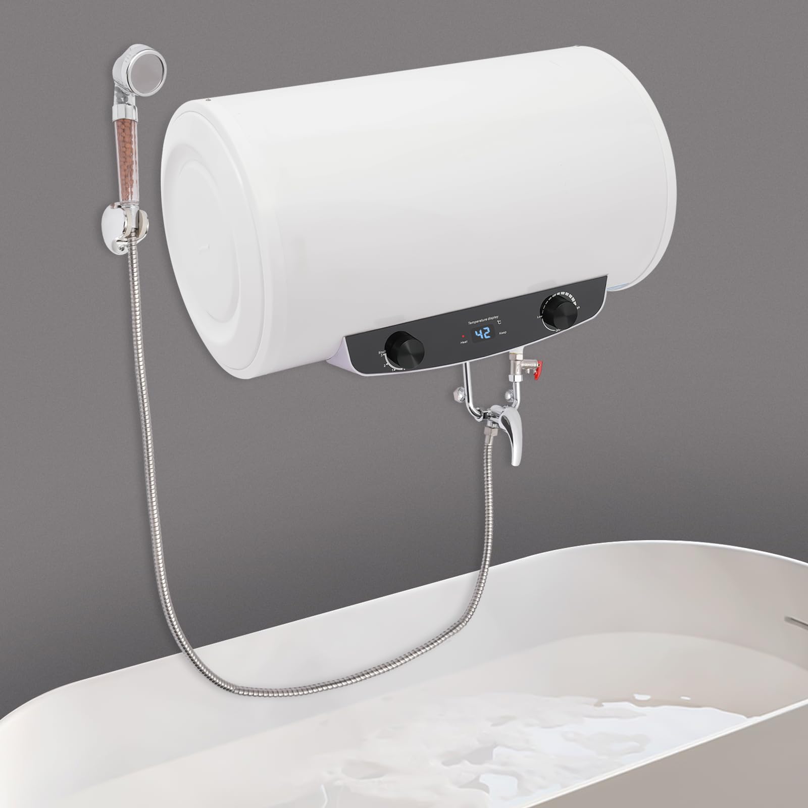 50L Digital Display Electric Water Heater - Automatic Horizontal Mounting with Safety Protection for Home, Bathroom & Shower (25-75℃) | Energy Efficient Hot Water Solution for Apartments, RV & Small Spaces