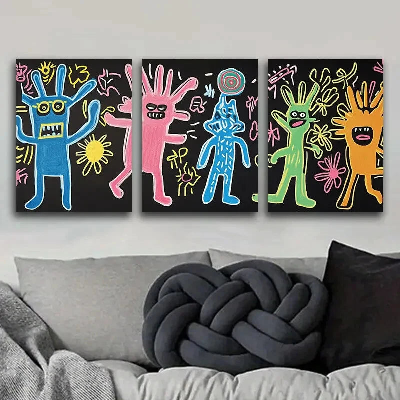 3Pcs Surreal Character Graffiti Metal Wall Art Prints - Ready to Hang, Unique Home & Office Decor for Modern Living Rooms, Bedrooms, or Creative Spaces
