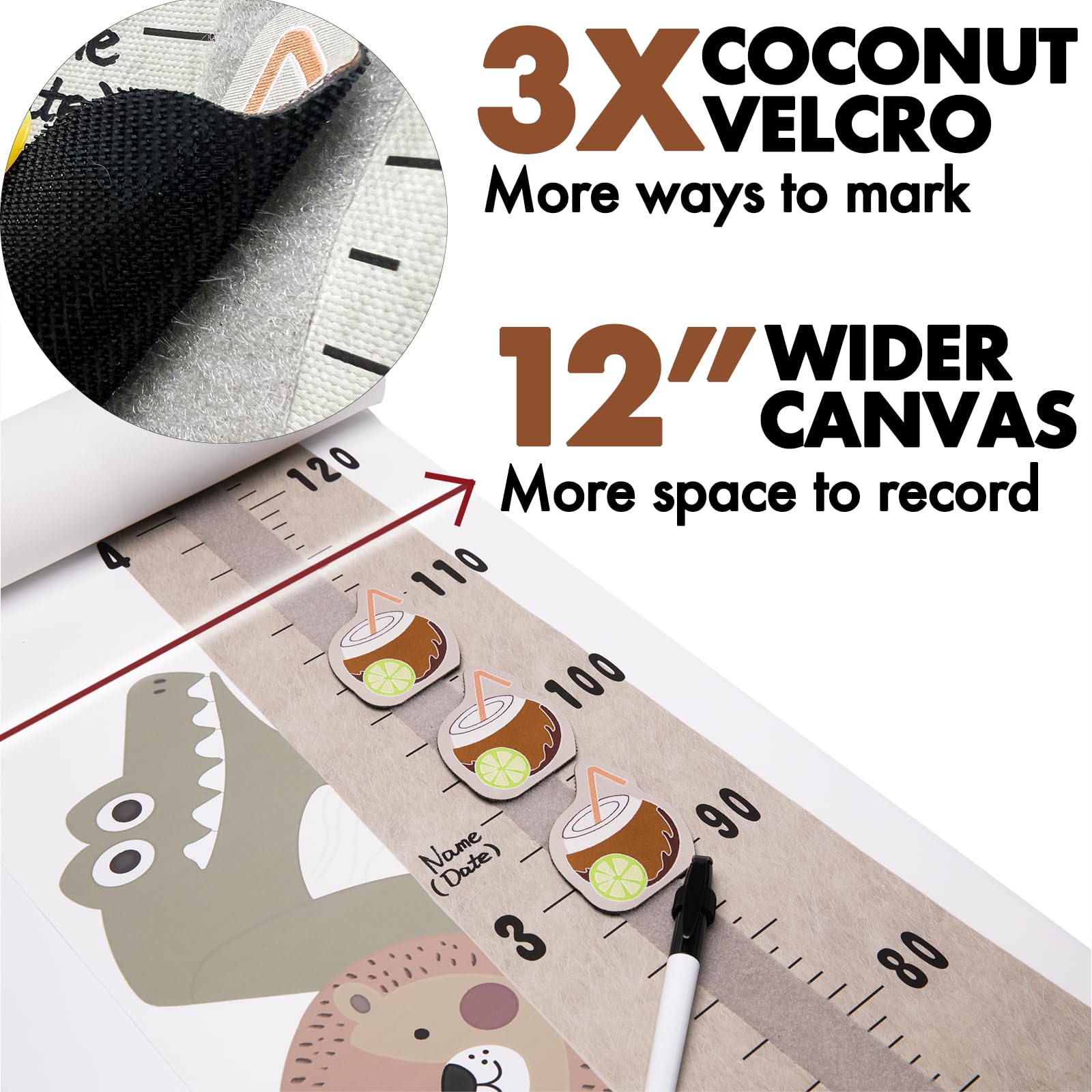Wooden Growth Chart for Kids Wall - Velcro Hanging Height Measurement Ruler with Keepsake Box & Tropical Canvas - Perfect for Nursery, Bedroom, or Playroom Decor