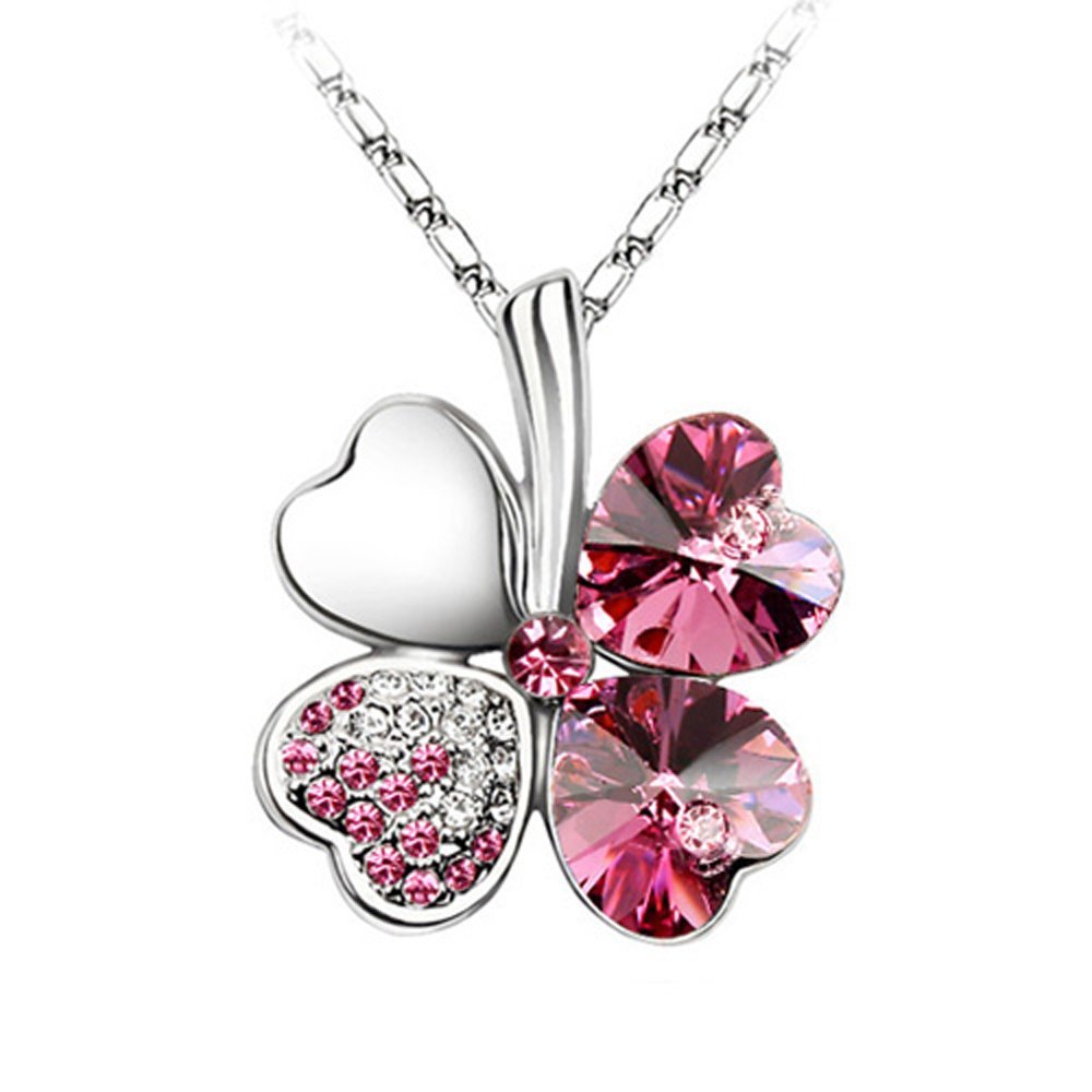 DATORA Fuchsia Crystal 4 Leaf Clover Pendant Necklace for Women - 18 Inch Gold Chain, Elegant Irish Jewelry Gift for St. Patrick's Day, Birthday & Anniversary
