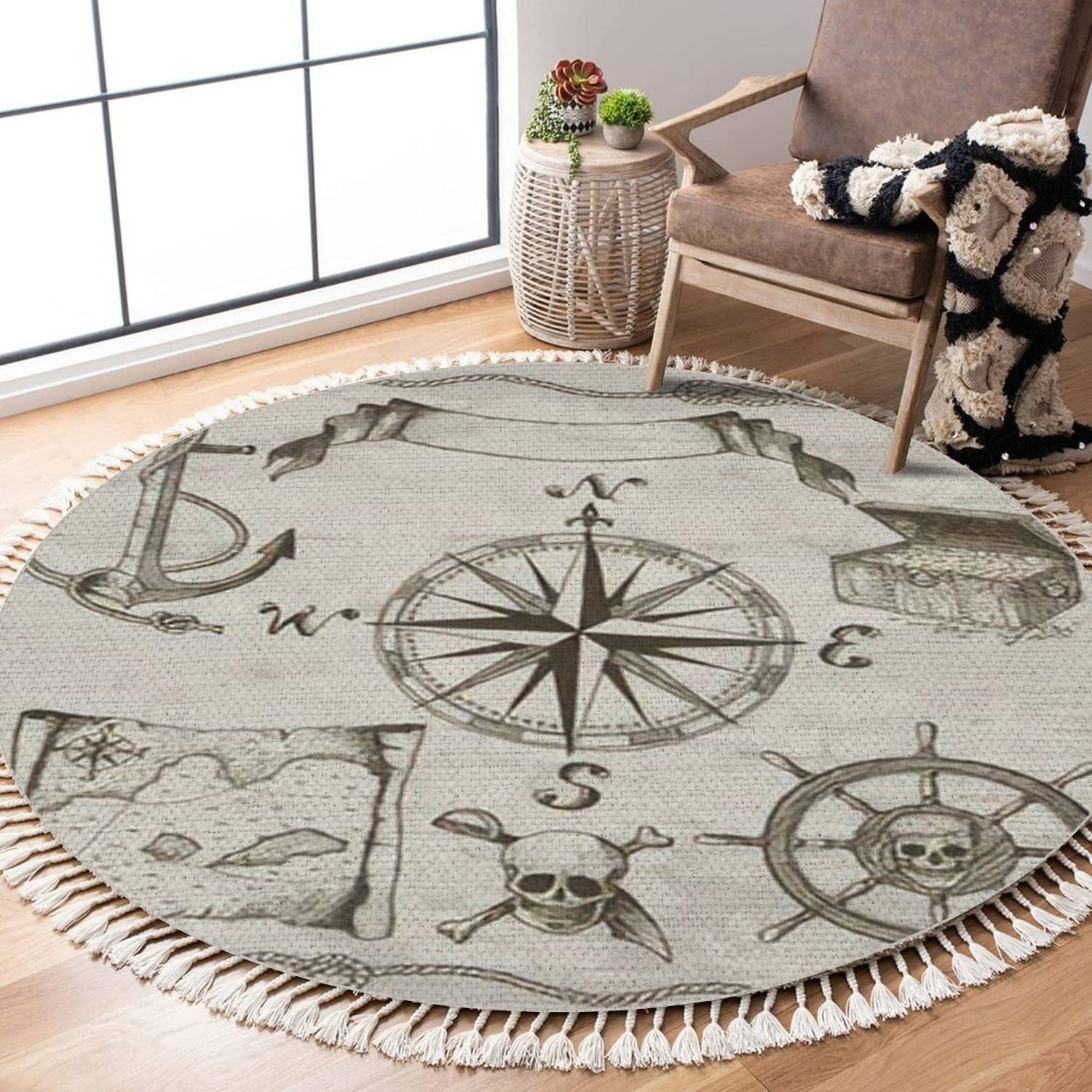 Hand Drawn Pirate Themed Round Area Rug - 4 ft Woven Boho Carpet with Compass Design for Bedroom, Bathroom, Laundry Room & Outdoor Decor | Perfect for Kids Room, Coastal Theme or Adventure Inspired Home Decor