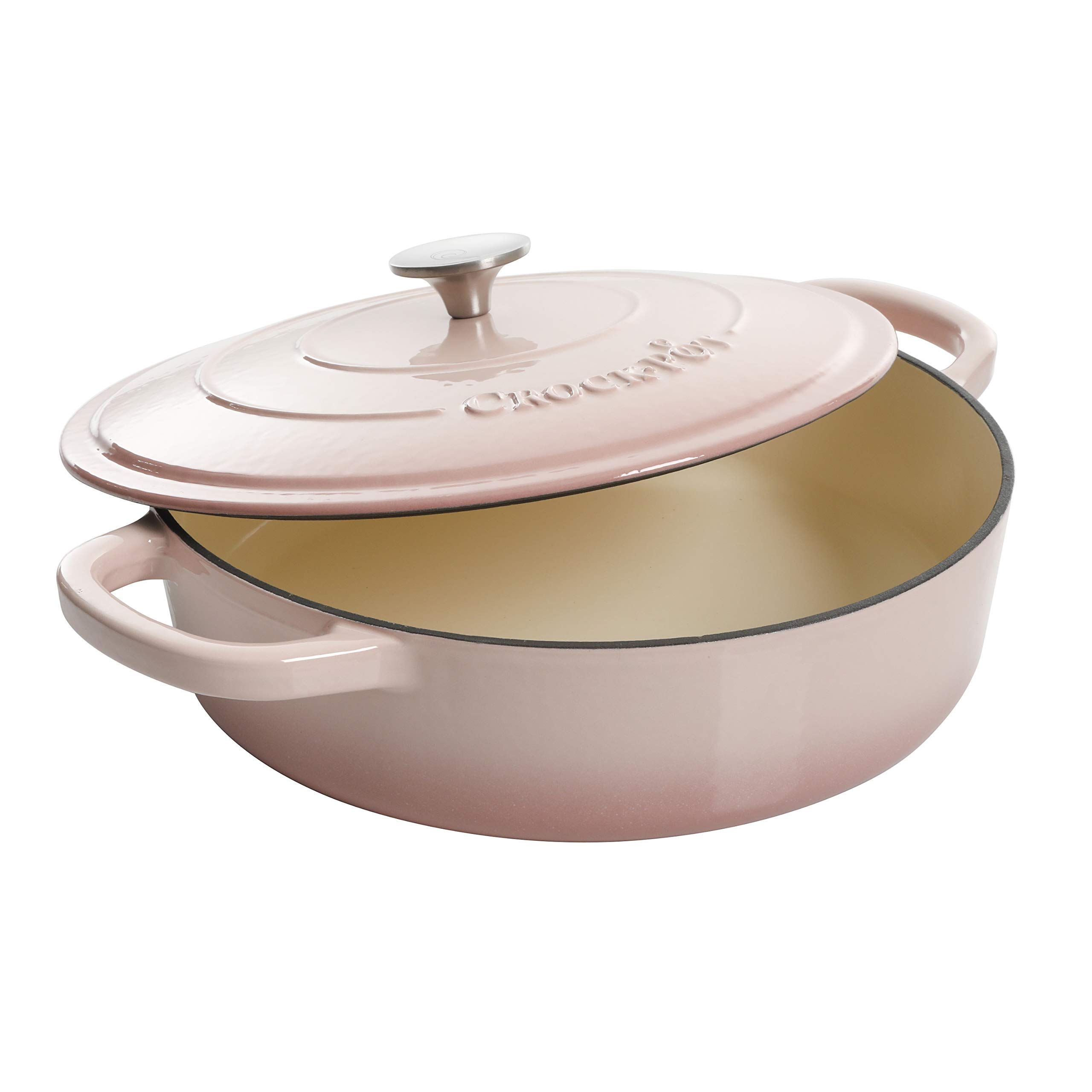 Crock Pot Artisan Enameled Cast Iron Braiser with Lid - 5-Quart Blush Pink Dutch Oven for Slow Cooking, Roasting & Baking - Perfect for Soups, Stews, Casseroles & Family Dinners