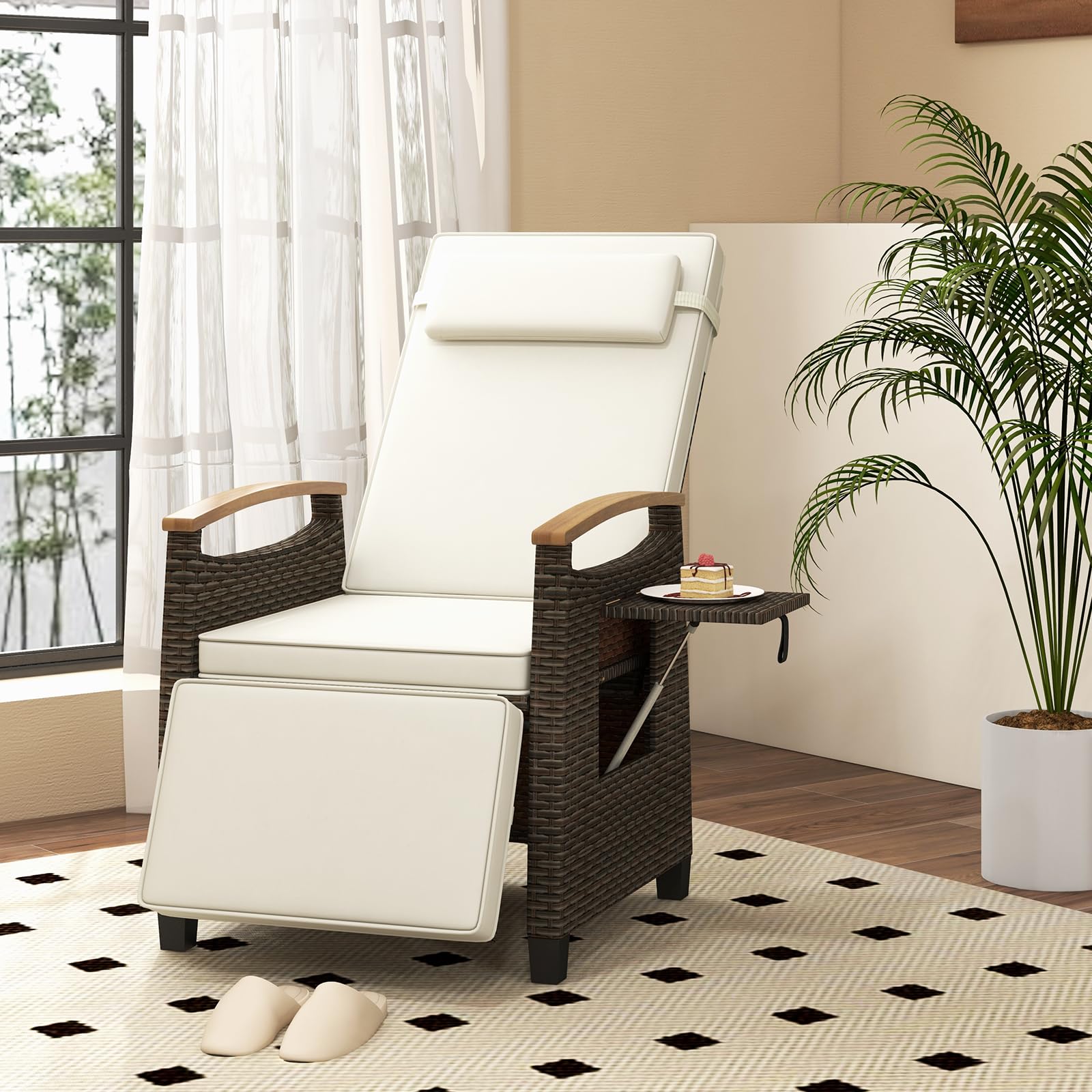 Tangkula Patio Wicker Recliner Chair - Adjustable Rattan Lounge Chair with Flip Side Table & Cushion - Comfortable Outdoor Reclining Seat for Backyard, Porch, Lawn, Poolside - Perfect for Relaxing, Sunbathing & Outdoor Lounging (Off White)