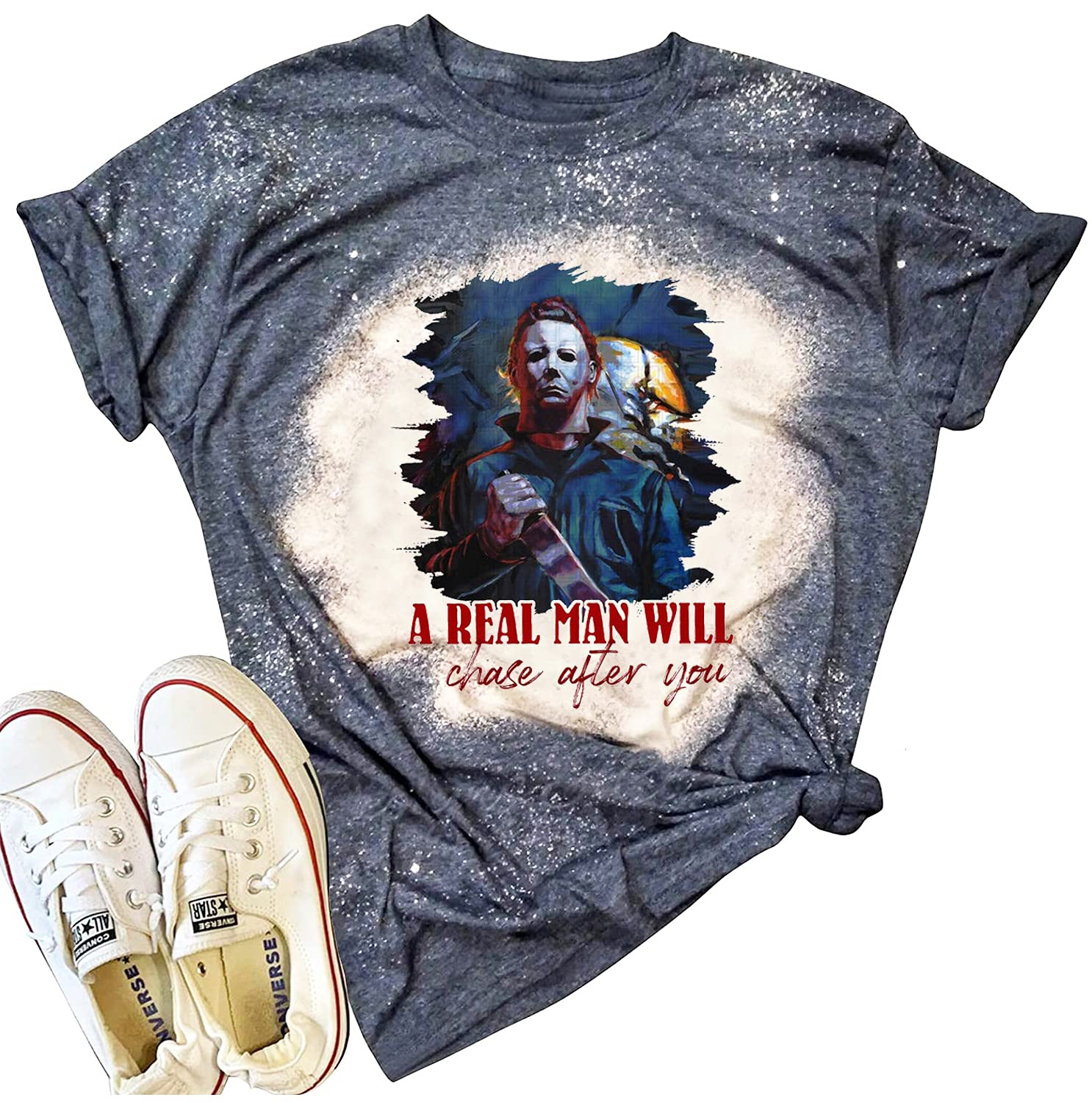 Horror Movies Bleached T-Shirt for Women - Funny Letter Print Halloween Party Shirt with Michael Myers Graphic - Novelty Graphic Tee Tops for Halloween Costumes, Cosplay & Horror Movie Nights