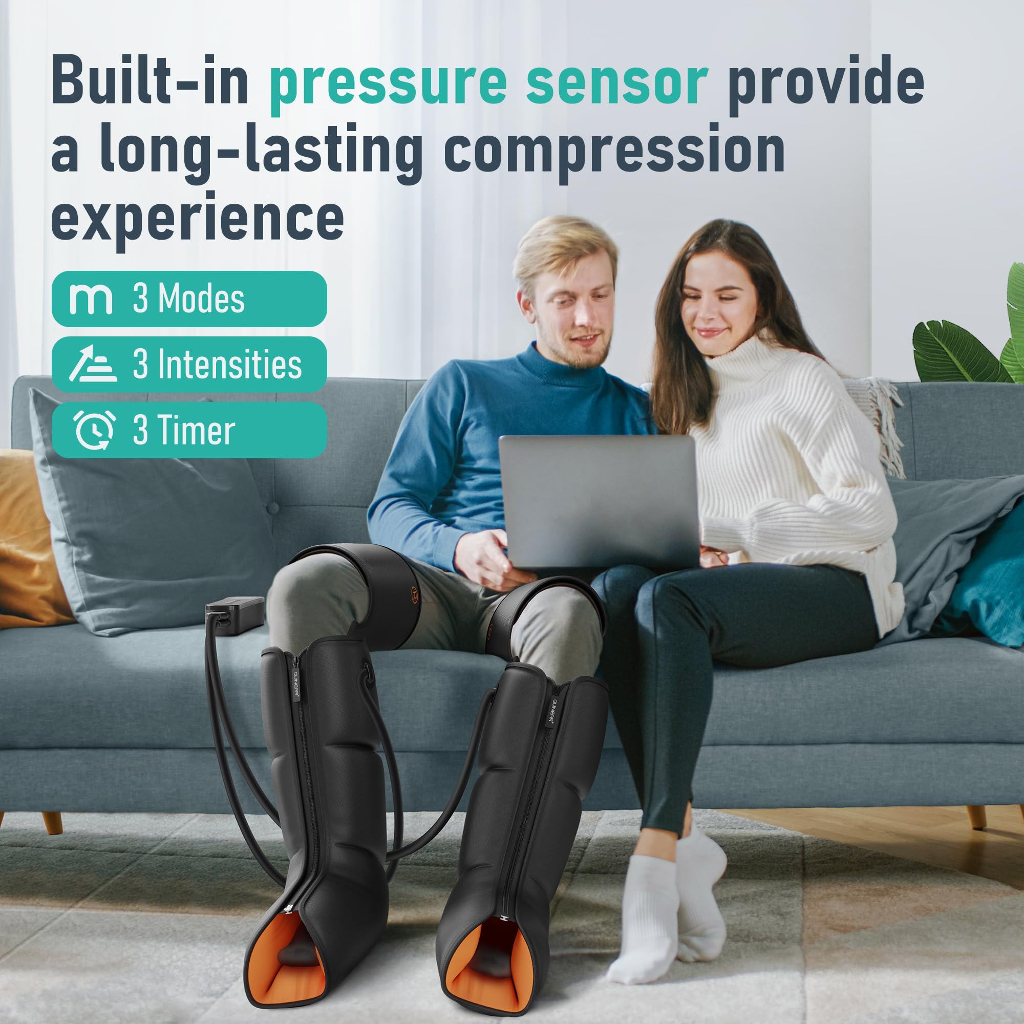 QUINEAR 3-in-1 Leg Massager for Foot, Calf & Thigh - Compression Therapy with Timer - Relieves Swollen Legs, Edema & RLS Pain - Perfect for Home Use, Office Relaxation & Post-Workout Recovery
