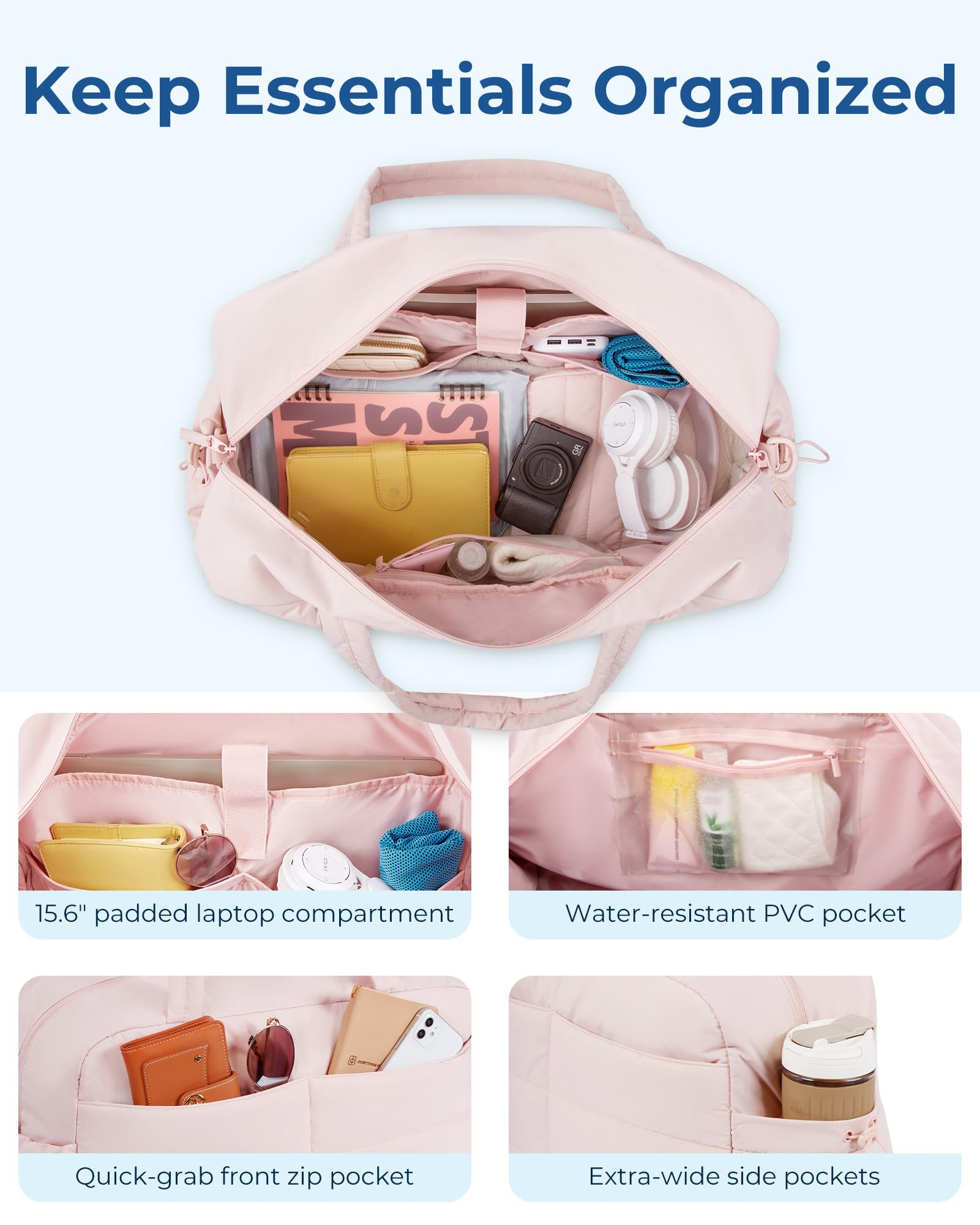 BAGSMART 31L Puffer Quilted Duffle Bag for Women - Waterproof Gym Bag, Travel Carry On, Weekender Overnight Bag with Laptop Compartment (Pink) - Perfect for Workouts, Business Trips & Weekend Getaways