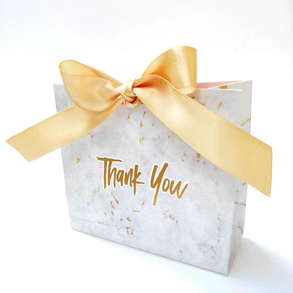 Elegant Grey Marble Gift Boxes with Gold Ribbon - 50pcs Wedding Favors, Baby Shower, Party Supplies for Chocolate, Candy & Thank You Gifts - Perfect for Bridal Showers, Birthday Parties & Corporate Events