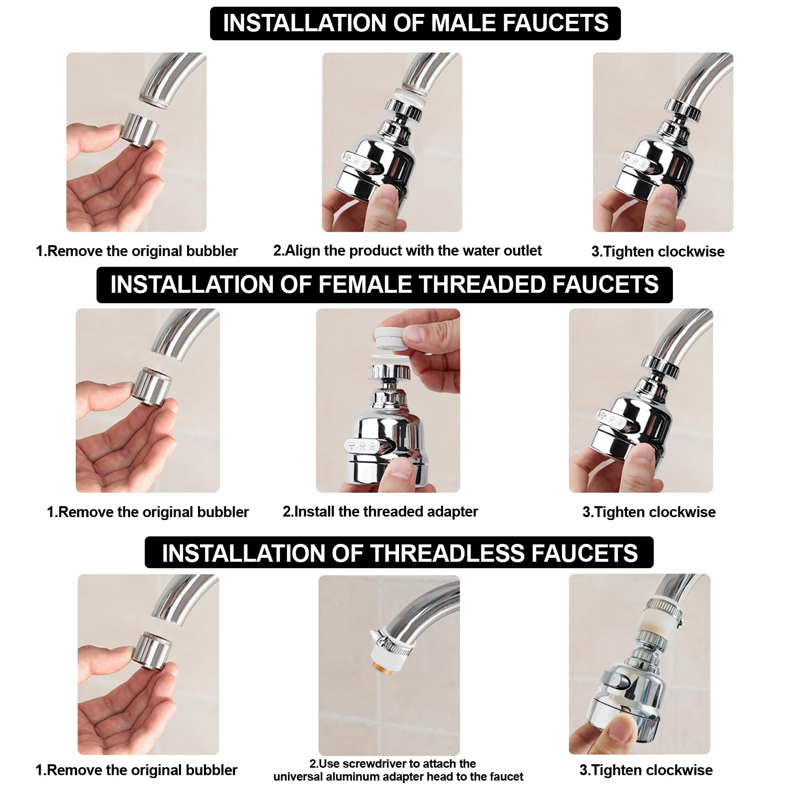 360° Rotating Kitchen Faucet Head Replacement - 3 Mode Adjustable Sprayer with Universal Aluminum Adapter - Anti-Splash Sink Accessories for Easy Dishwashing & Vegetable Cleaning