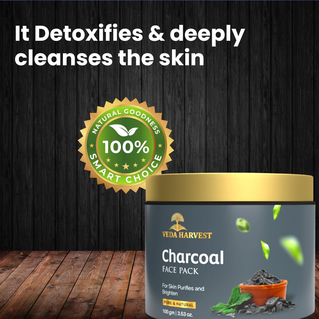 Veda Harvest Activated Charcoal Face Mask for Men & Women - Deep Cleansing, Blackhead Removal & Skin Brightening | Detoxifying & Purifying Facial Treatment | Anti-Pollution & Paraben-Free | 100g | Perfect for Daily Skincare & Spa Nights