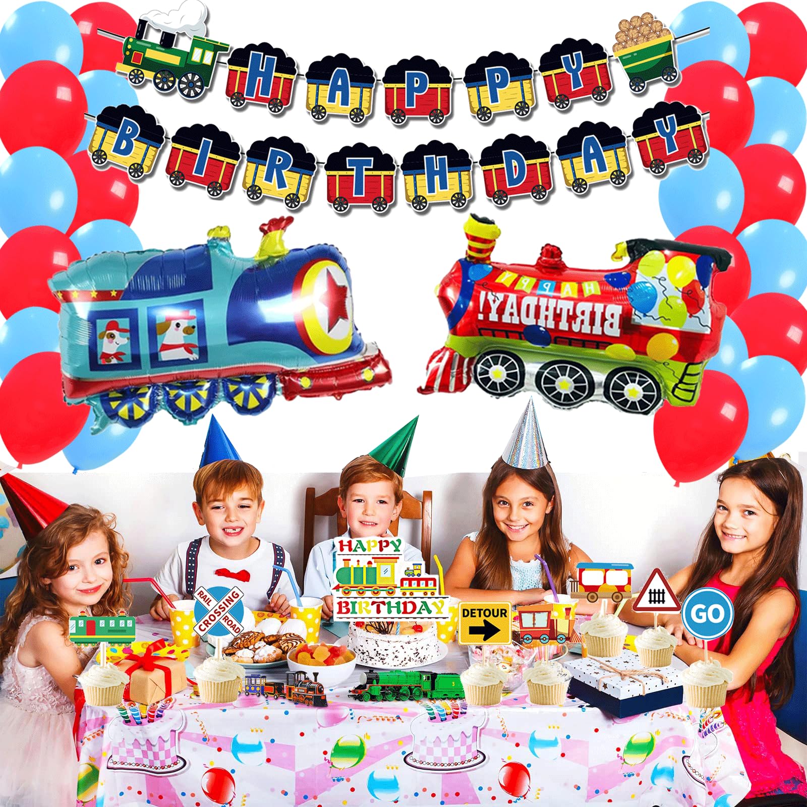 Train Birthday Party Decorations Set - Train Cake Topper, Vehicles Tablecloths & Car Banner for Kids Transportation Theme Celebration | Perfect for Train-Themed Birthday Parties, Baby Showers & Classroom Events