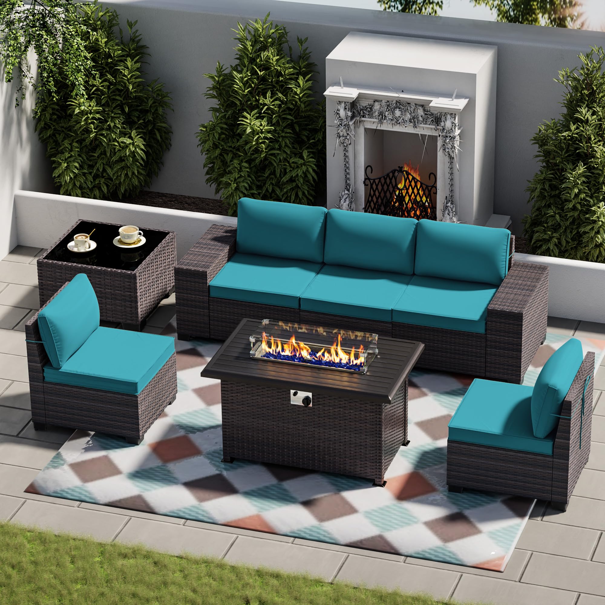 7-Piece Outdoor Patio Furniture Set with Propane Fire Pit - High Back PE Wicker Rattan Sofa Conversation Set, Sectional Patio Furniture with Tempered Glass Table & Gas Fire Pit (Blue) - Perfect for Backyard, Garden, Poolside & Outdoor Entertaining