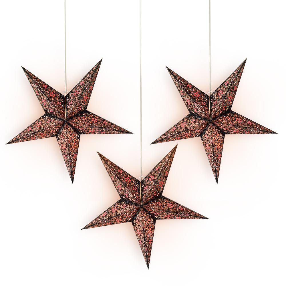 3 Pack 24 Inch Black & Gold Garden Paper Star Lanterns with LED Bulbs & Cord - Outdoor Party Decor, Patio Lighting, Wedding & Festival Decoration