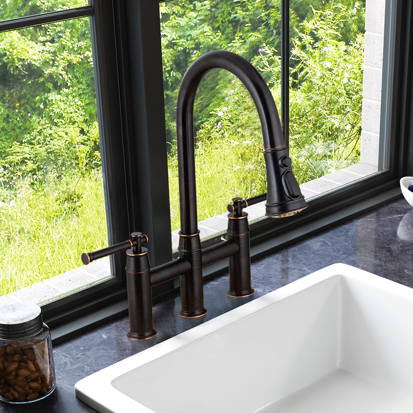 Oil Rubbed Bronze Bridge Kitchen Faucet with Pull Down Sprayer - Oakland Brass 2 Handle 3 Hole Spot-Resistant Lead-Free Faucet (Model KSK8239-ORB) - Perfect for Modern Farmhouse & Industrial Style Kitchens