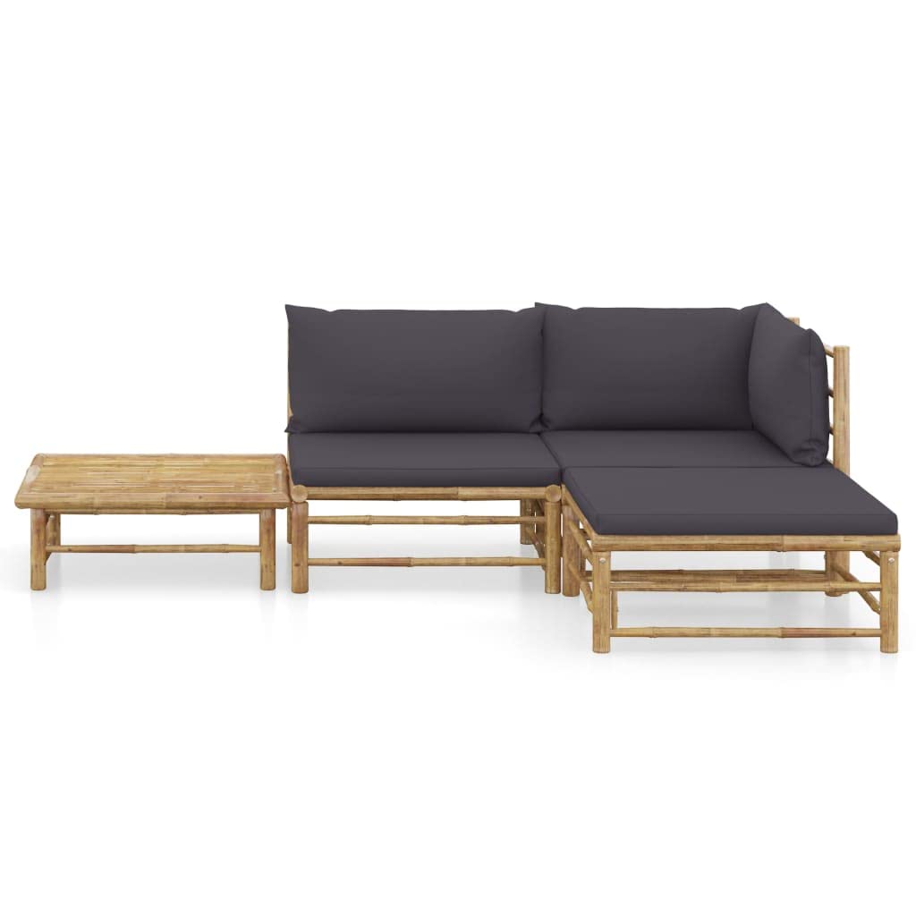 vidaXL Bamboo Patio Lounge Set with Dark Gray Cushions - 4 Piece Modular Outdoor Furniture Set - Scandinavian Style Garden Sofa with Included Cushions for Comfort | Perfect for Backyard, Poolside & Patio Relaxation