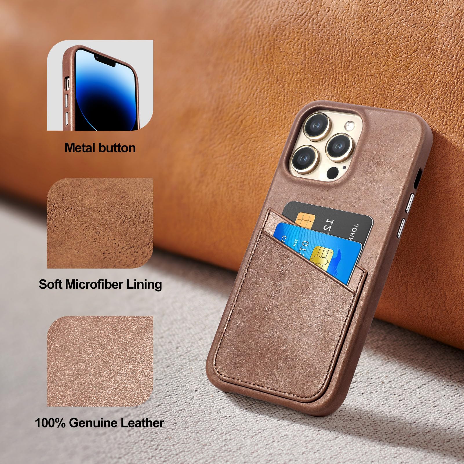 Genuine Leather Wallet Phone Case for iPhone 13 Pro Max - RFID Blocking Phone Purse with 2 Card Slots & Metal Button Bumper | Shockproof Protective Cover (Dark Brown) | Perfect for Travel, Business & Everyday Use
