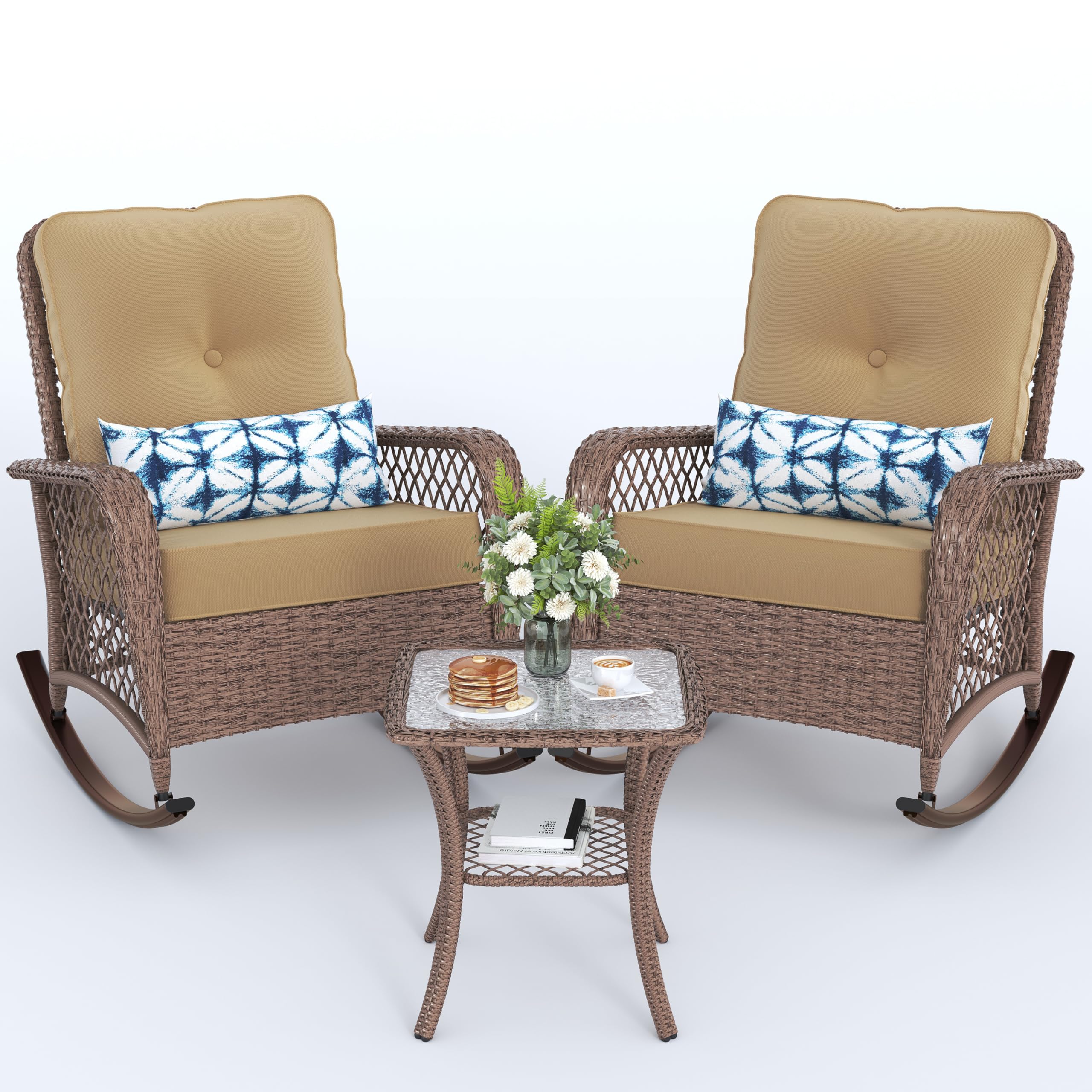 UDPATIO 3-Piece Wicker Patio Rocking Chair Set with Thick Cushions - 2 Outdoor Rockers & Side Table - Brown/Khaki - Perfect for Backyard, Porch, Balcony, Poolside Relaxation & Entertaining