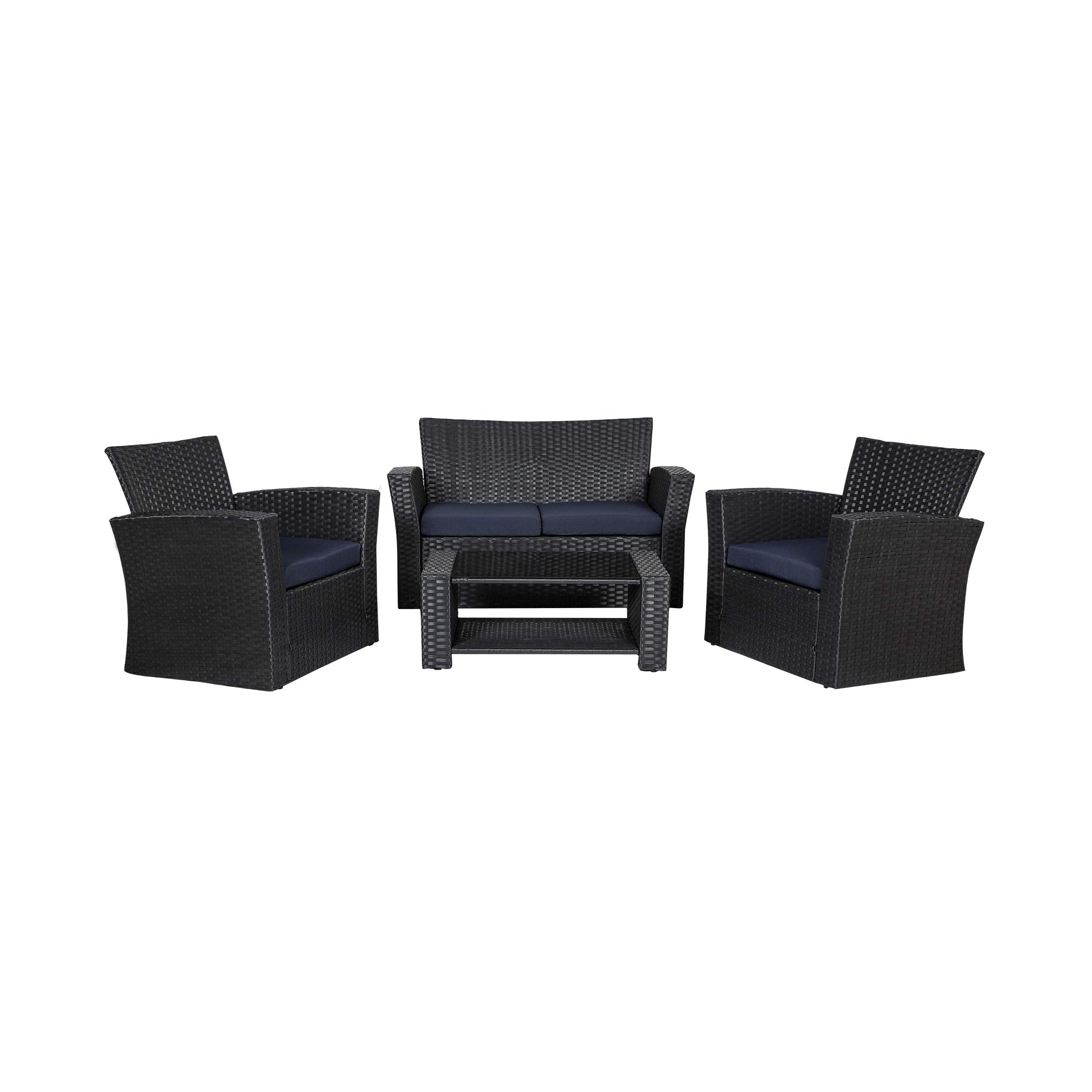WO Home Furniture 4-Piece Patio Conversation Set - Black Rattan Wicker Sofa, Chairs & Coffee Table with Navy Blue Pillow Cushions | Outdoor Garden, Backyard, Poolside Lounge Furniture for Relaxing & Entertaining