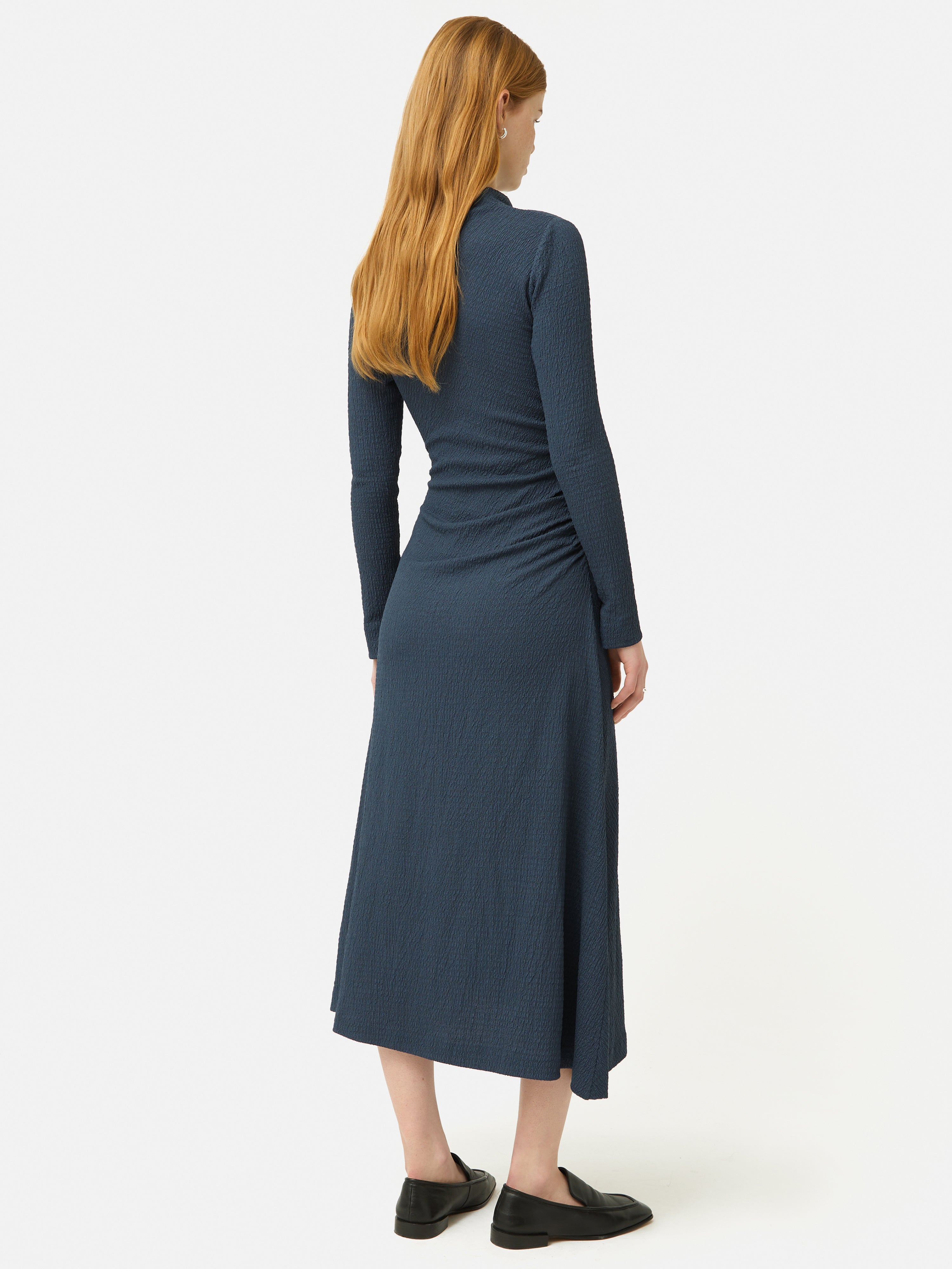 Crinkle Ruched Jersey Dress for Women - Soft Stretch Comfortable Blue Summer Dress for Casual Outings, Beach Vacations & Date Nights