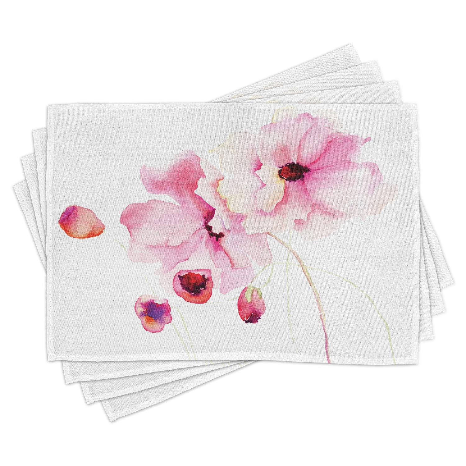 Ambesonne Watercolor Floral Place Mats Set of 4 - Hand-Painted Pale Pink Flower Design with Brush Stroke Details, Washable Fabric Table Mats for Dining Room Decor, Standard Size (Magenta & Pale Pink) - Perfect for Spring Tablescapes, Brunch Parties & Elegant Dinner Settings