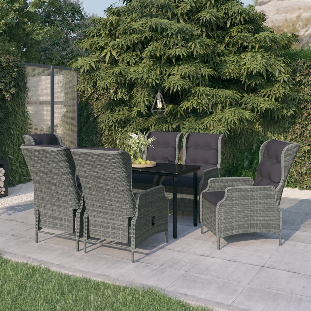 7-Piece Patio Dining Set with Reclining Chairs & Tempered Glass Table - Light Gray PE Rattan Outdoor Furniture with Black Cushions for Garden, Backyard, Poolside Relaxation