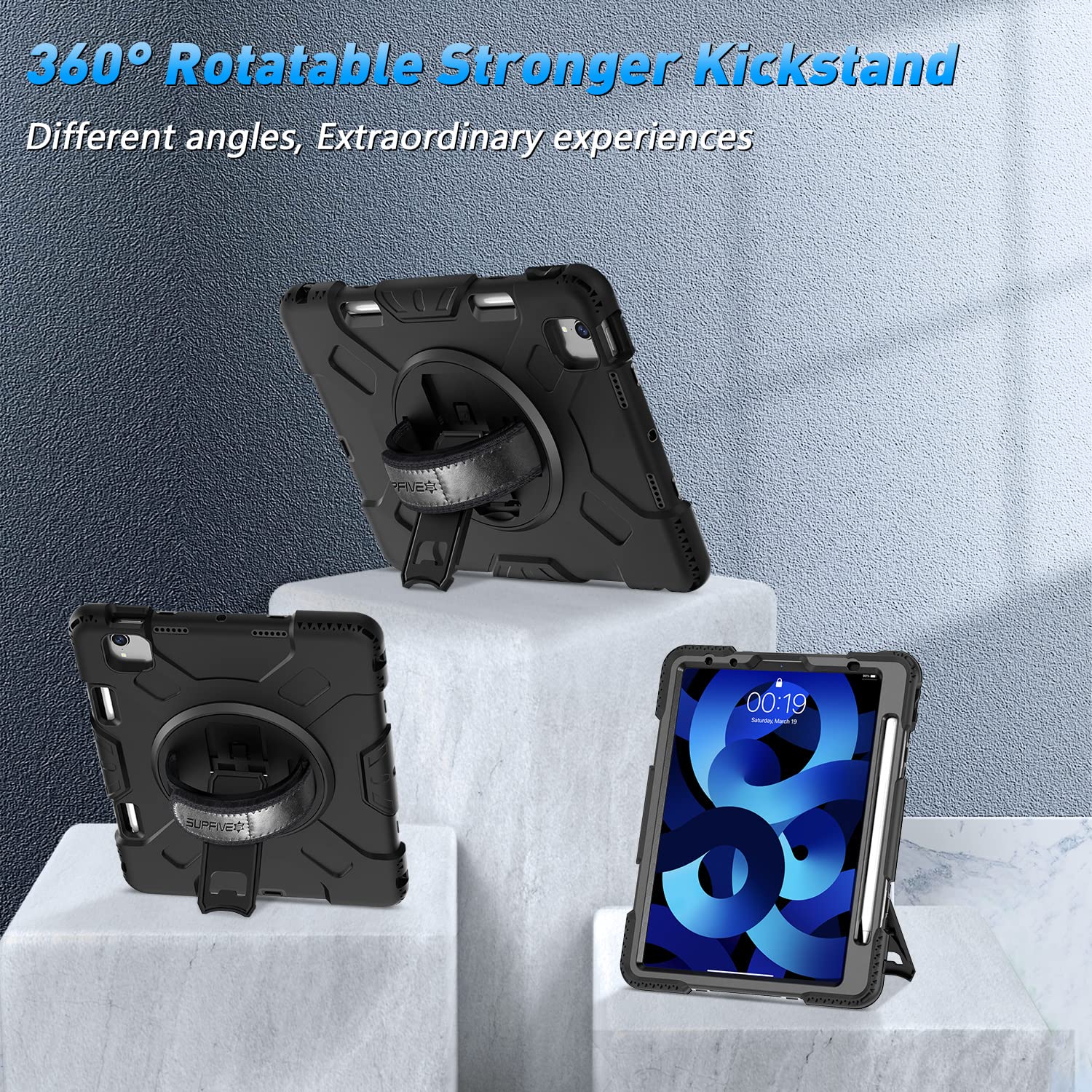 SUPFIVES Military Grade Protective Case for iPad Air 5th Generation 10.9 Inch (2022) & iPad Air 4th Gen/iPad Pro 11 - Shockproof Silicone Cover with Pencil Holder, Rotating Stand, Handle & Shoulder Strap (Black) - Perfect for Travel, Work & School Use