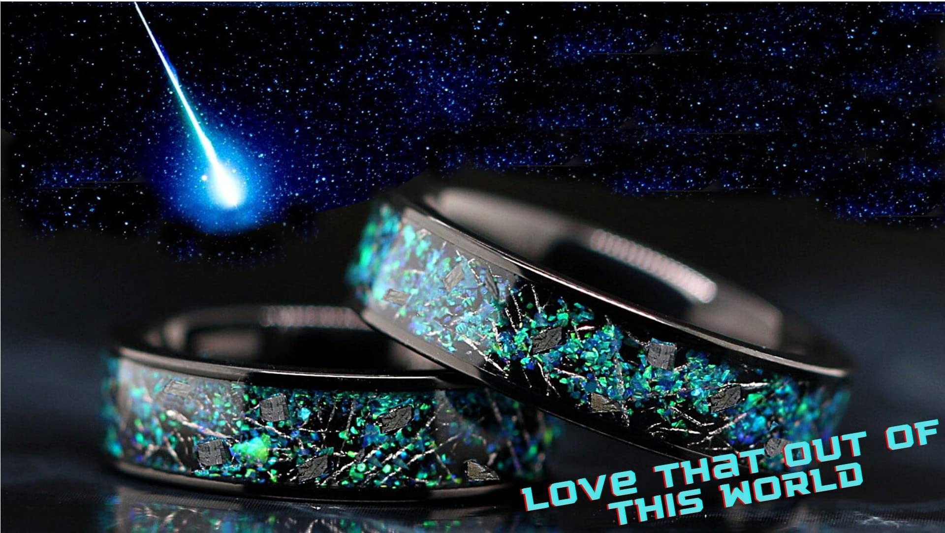 Real Meteorite Inlaid Unisex Black Opal Ring - Natural Fire & Blue Opal Wedding Band for Men & Women - Durable Sterling Silver Jewelry for Engagement, Anniversary & Everyday Wear