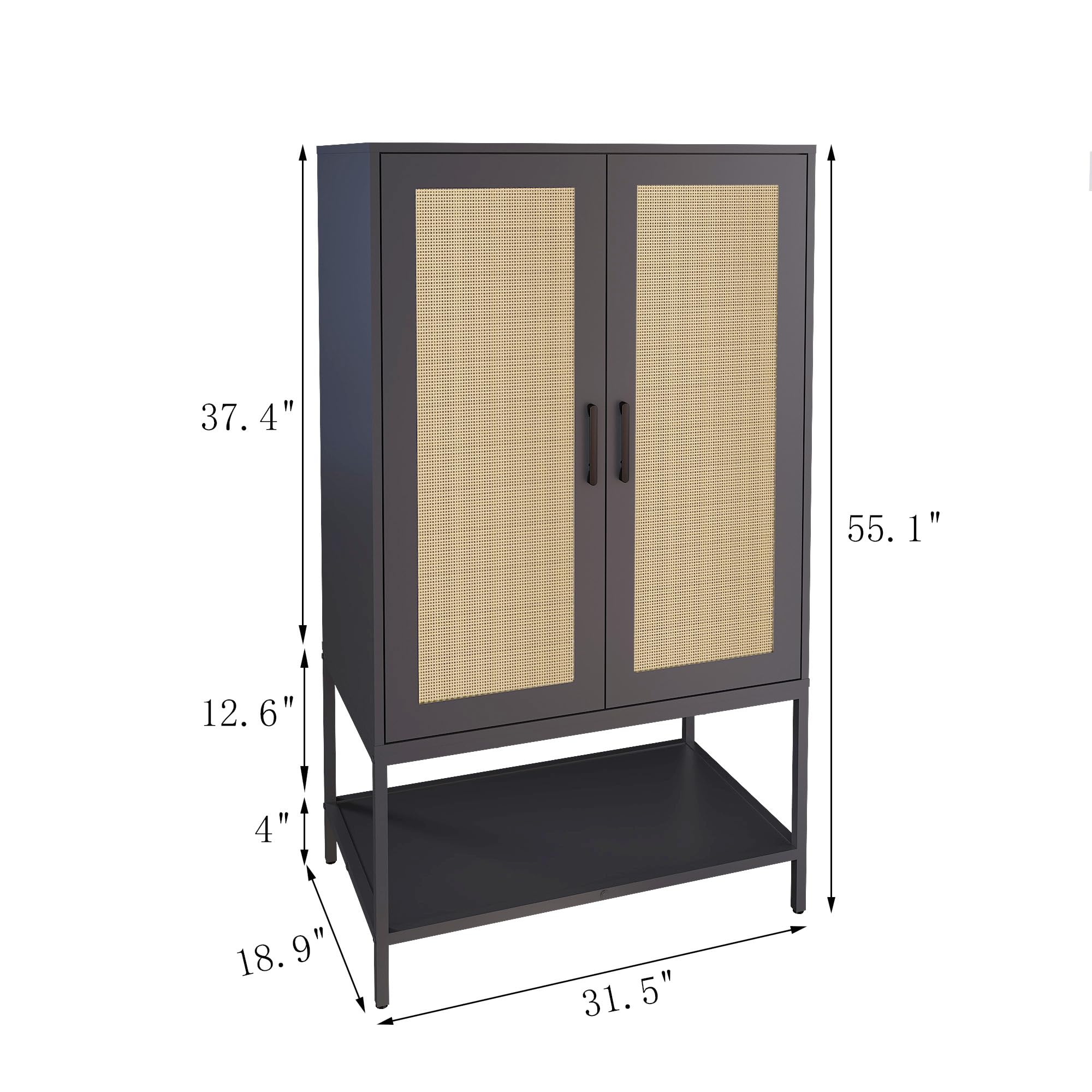 2-Door Rattan Wardrobe Closet with Hanging Rod & Shelves - Freestanding Wooden Armoire for Bedroom Storage & Organization | Perfect for Small Spaces, Apartments & Dorm Rooms (Black)