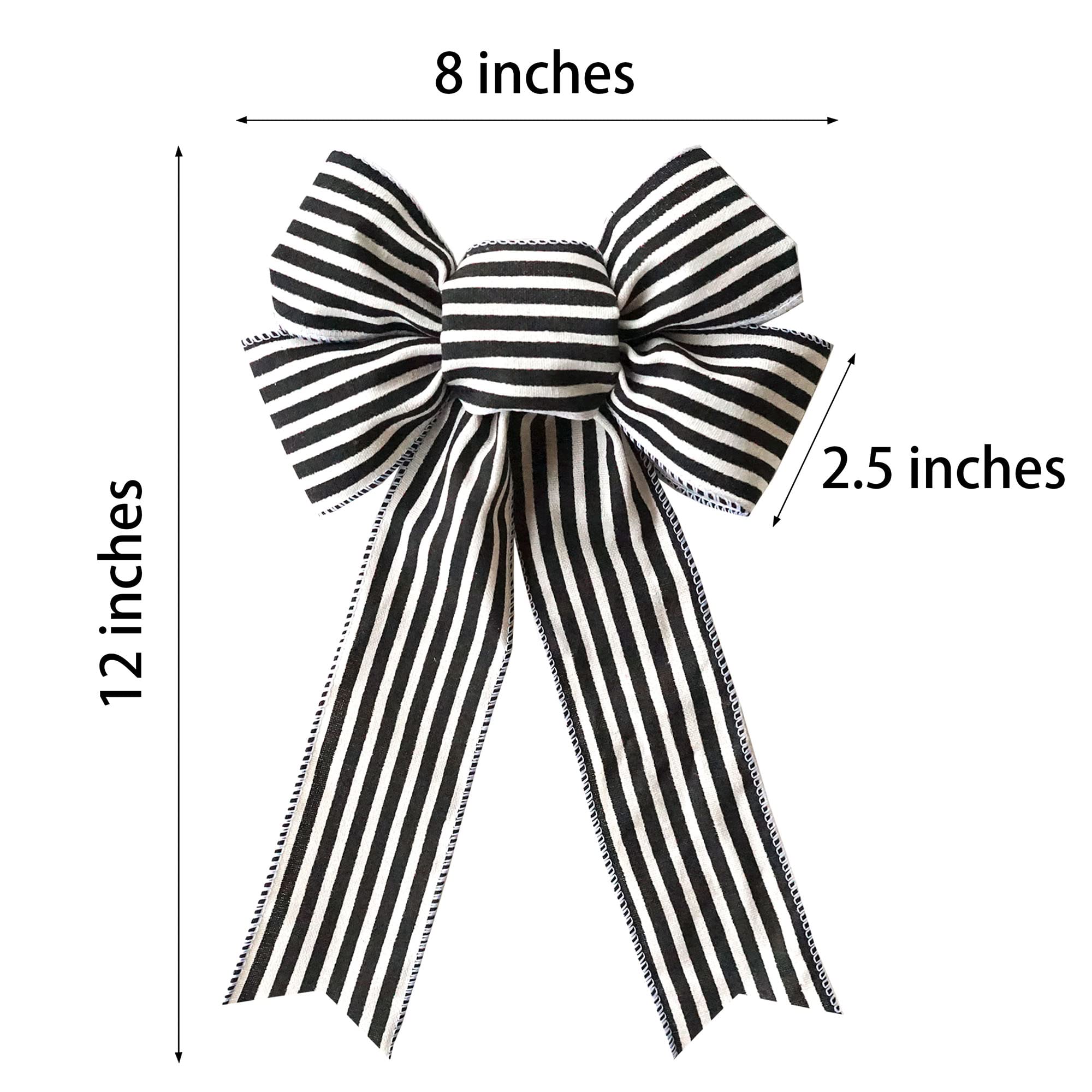 6-Piece Black and White Striped Wreath Bows, 8 x 12.5 Inches Ticking Fabric Christmas Gift Bows - Perfect for Holiday Decorations, DIY Crafts, and Present Wrapping