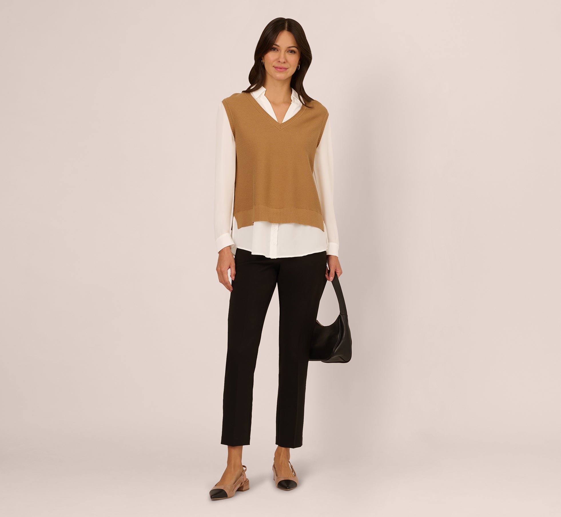 Men's Collared Sweater Vest & Shirt Combo in Camel Ivory - Perfect for Layering in Fall & Winter Outfits