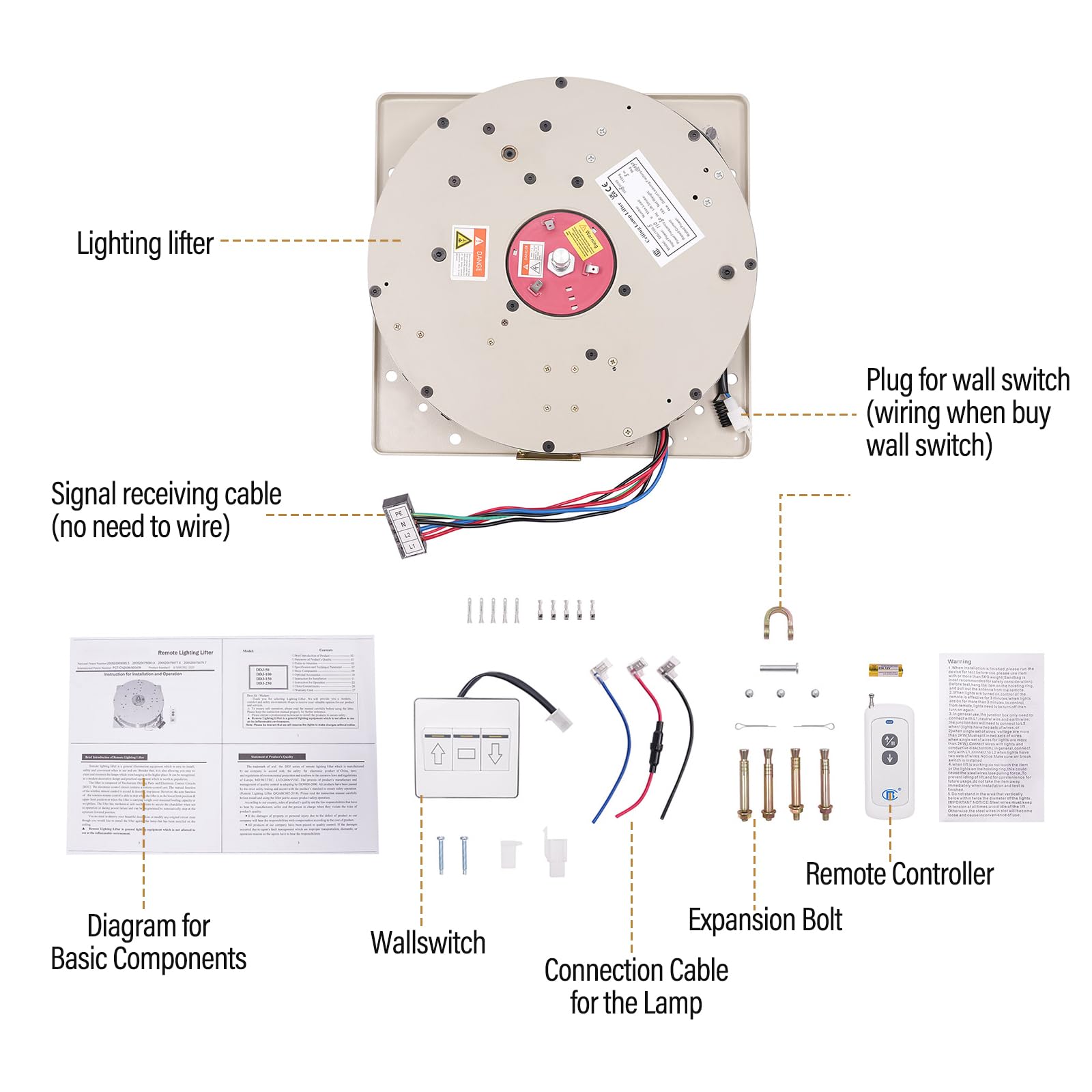 220LBS 13.12FT Motorized Chandelier Hoist Lift System - Heavy Duty Electric Ceiling Light Lifter with Wall Switch & Remote Control - Perfect for High Ceiling Homes, Villas, and Event Venues