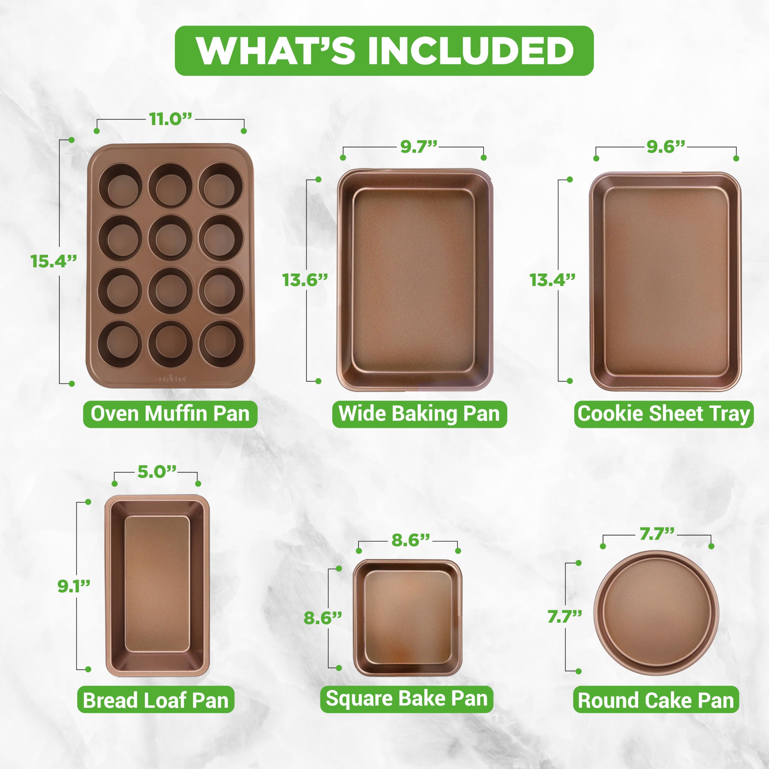 NutriChef 6-Piece Nonstick Bakeware Set - Carbon Steel Baking Pans with Cookie Sheets, Square Pan, Loaf Pan, Round Cake Pan & Muffin Tin - Gold Kitchen Essentials for Baking Cookies, Bread, Cakes & Cupcakes at Home