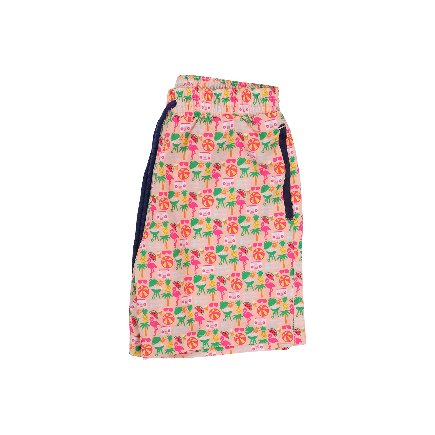 Peach Color Youth Swim Trunks with Pool Party Print - Fun Summer Beachwear for Boys & Girls