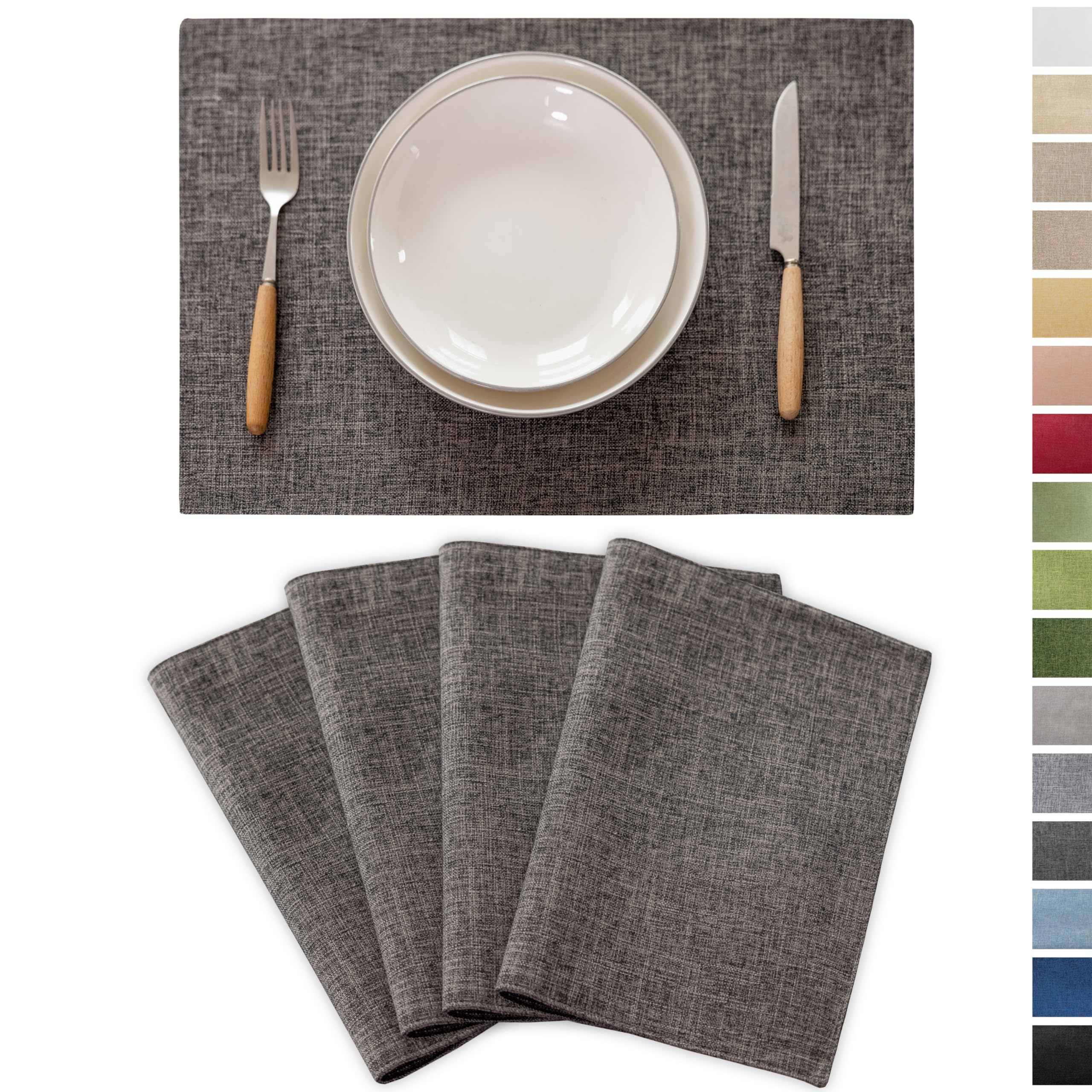 Demetex Set of 4 Heat-Resistant Washable Cloth Placemats for Dining Table - Dark Grey Table Mats for Everyday Use & Holiday Decor