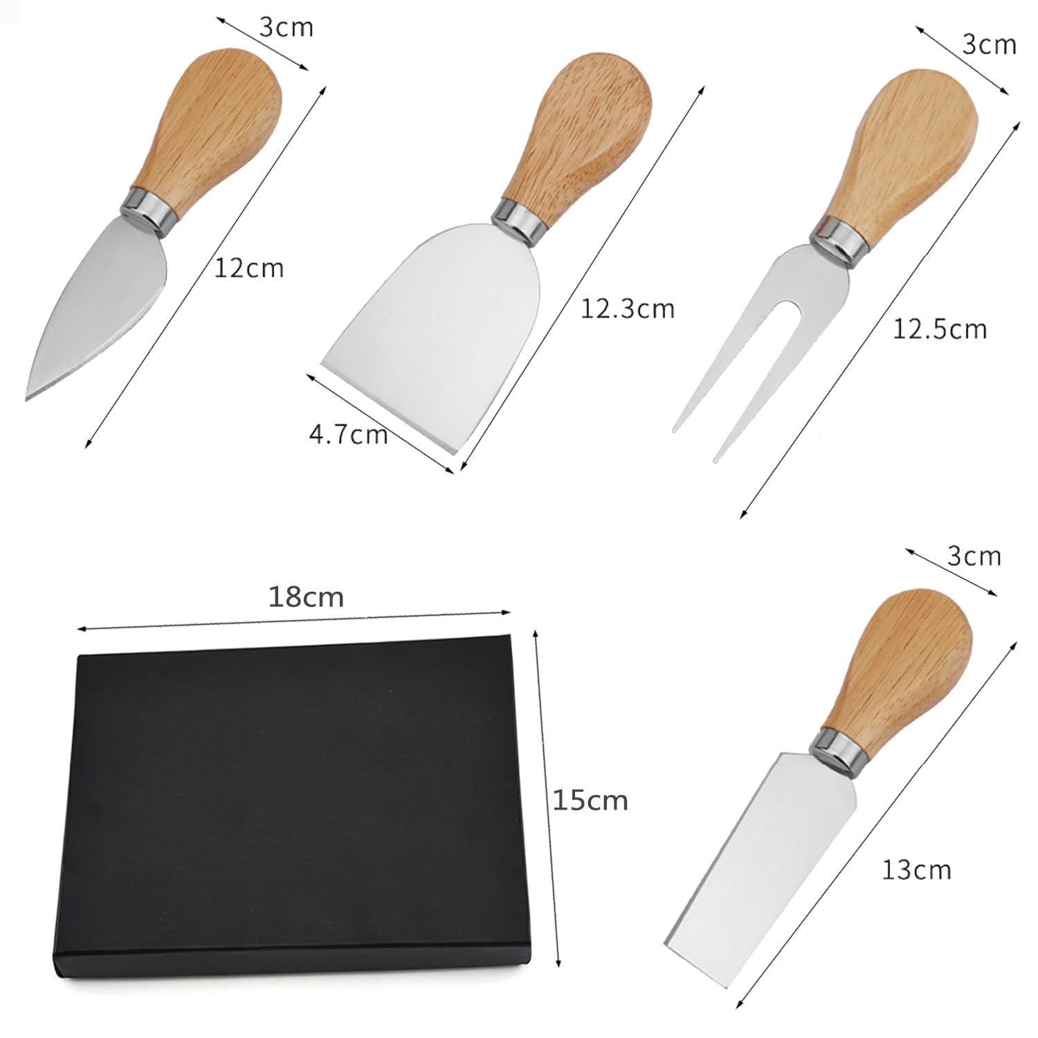 4-Piece Cheese Knife Set with Wooden Handle - Stainless Steel Cheese Slicer, Fork & Spreader - Perfect for Cheese, Butter, Pizza & Cake Cutting - Ideal Gift for Cheese Lovers & Kitchen Use