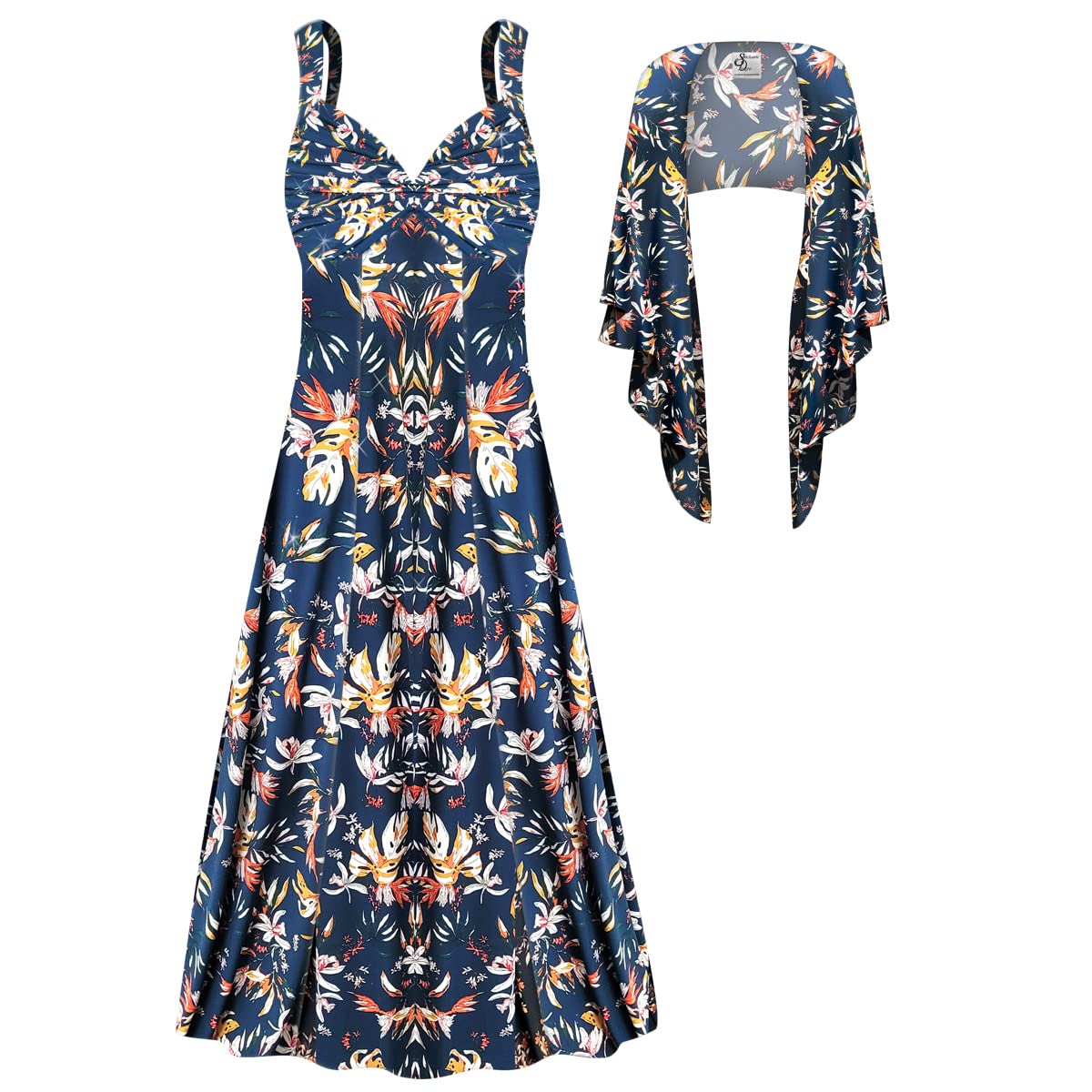 Sanctuarie Designs Plus Size Women's Elegant Party Dress - Midnight Blue Magnolia Print with Free Shawl | Perfect for Weddings, Cocktail Parties & Special Occasions
