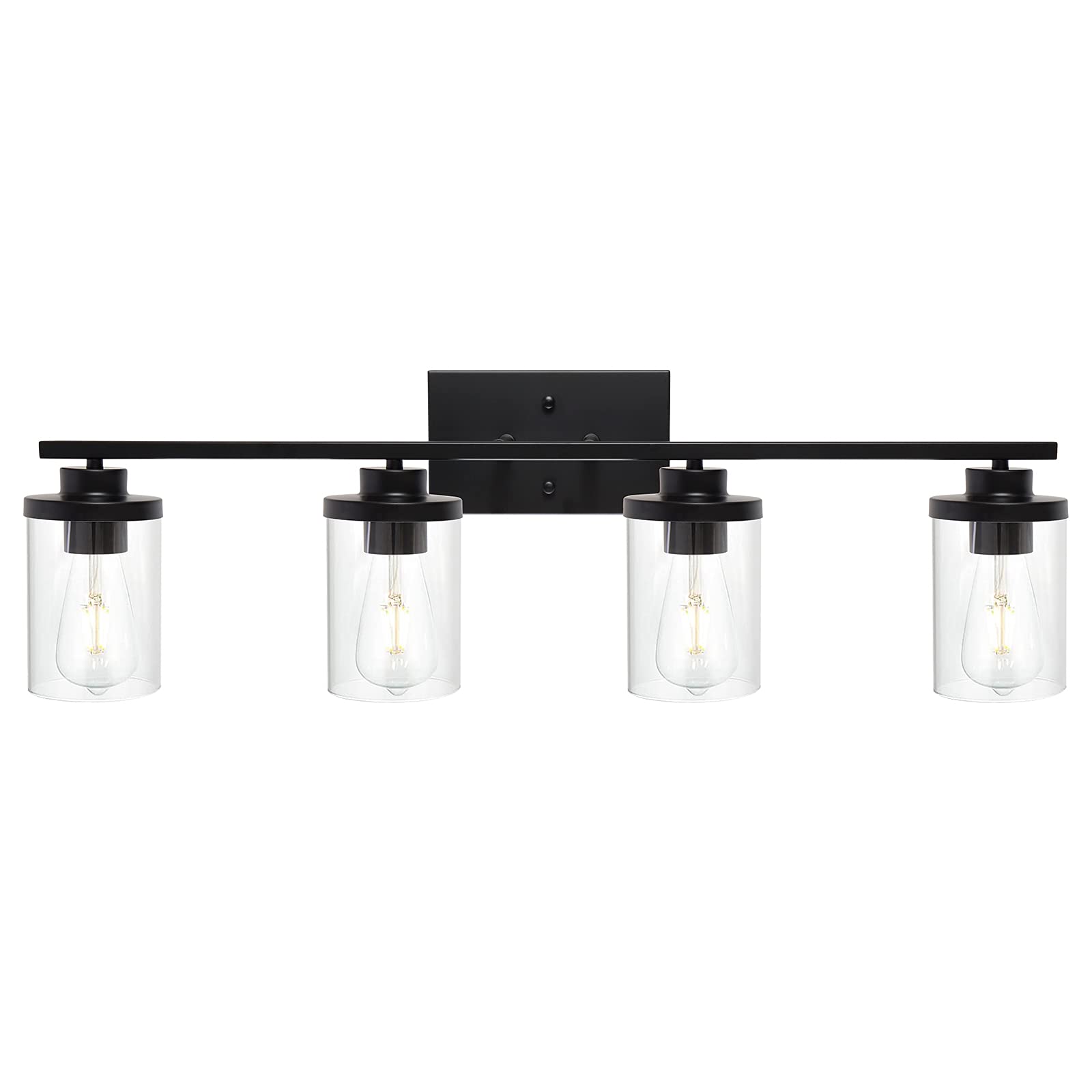 QueeuQ Modern Black 4-Light Bathroom Vanity Fixture with Clear Glass Shade - Farmhouse Wall Sconce for Bathroom, Dining Room, Living Room, Kitchen & Hallway Lighting | Perfect for Vanity Mirror, Makeup Area and Entryway Decor