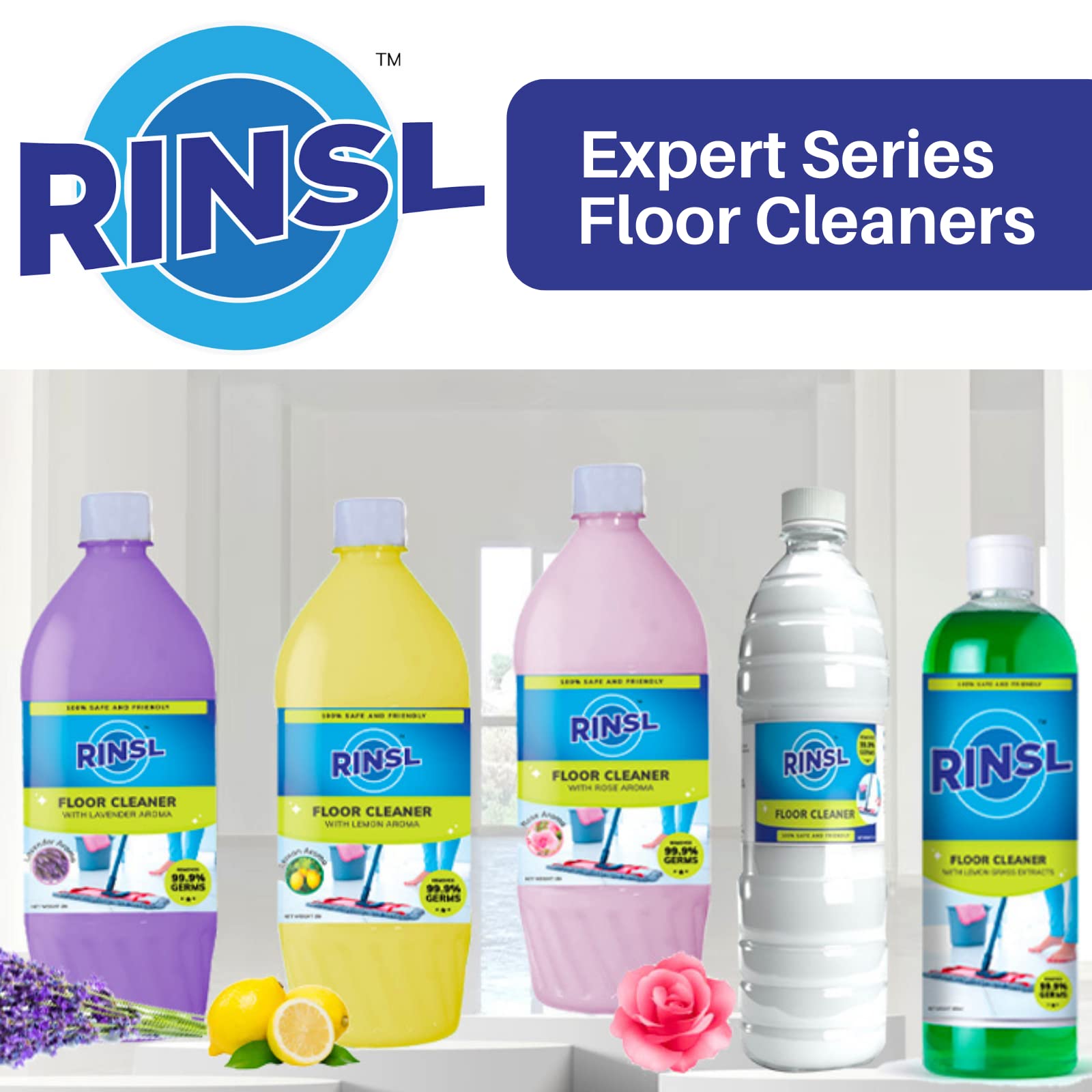 Rinsl Aroma Floor Cleaner - Lemon Scent 1 Liter | All-Natural Cleaning Solution for Hardwood, Tile & Laminate Floors | Fresh Citrus Fragrance for Home & Office Use