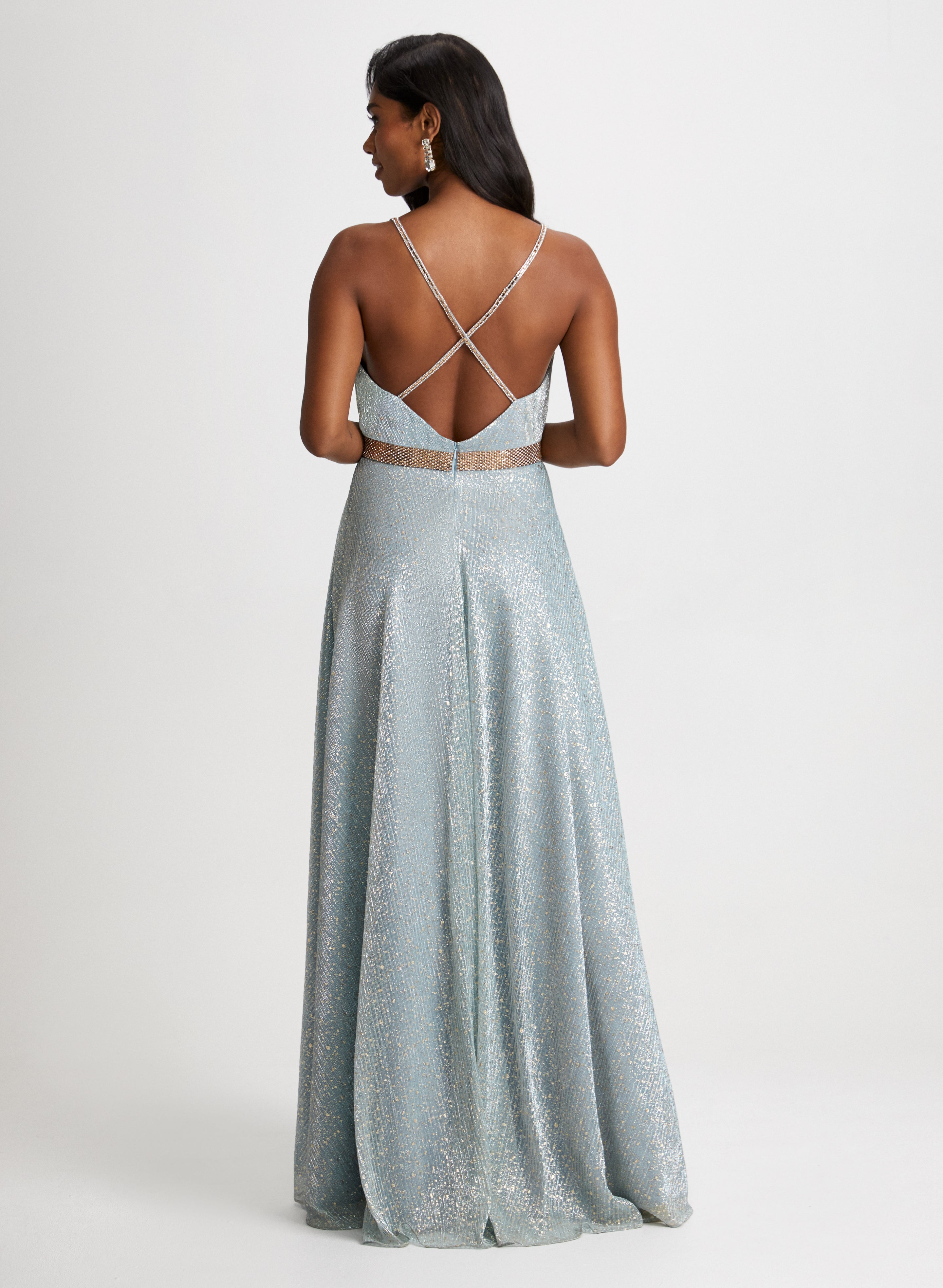 Elegant Embellished Metallic Evening Gown for Women - Perfect for Prom, Gala & Formal Events