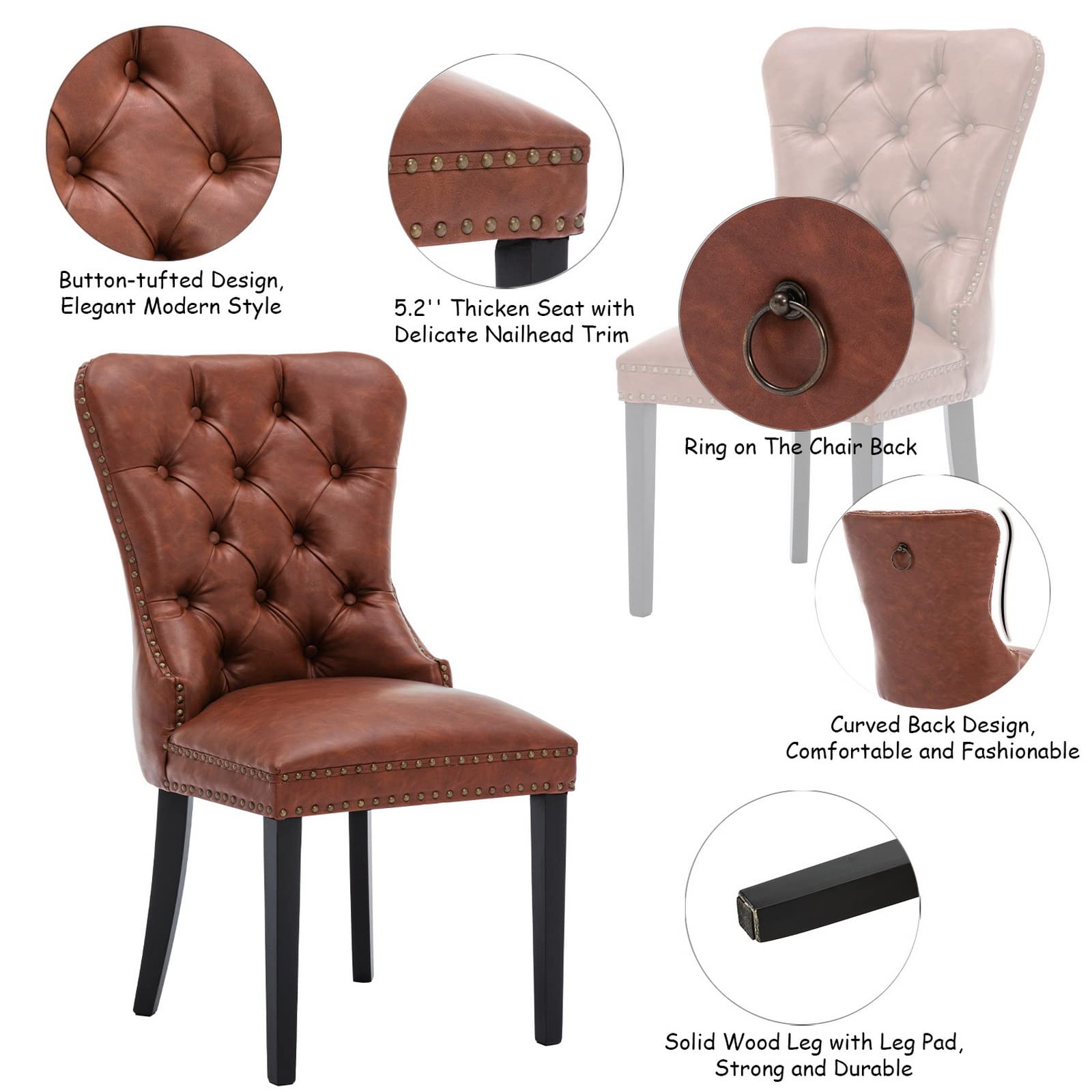 CIMOTA Set of 2 Brown Leather Dining Chairs - Mid Century Modern Tufted Upholstered Kitchen Chairs with Nailhead Trim & Ring Back (PU Leather, 2-Piece Set) - Perfect for Dining Room, Kitchen, Breakfast Nook & Home Office