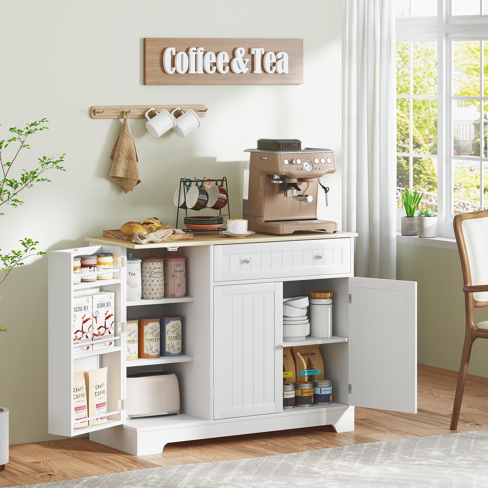 Modern White Coffee Bar Cabinet with Storage & Adjustable Shelves - Sideboard Buffet Cabinet with Drawers for Small Kitchen Pantry - Perfect for Home Bar, Dining Room & Kitchen Organization