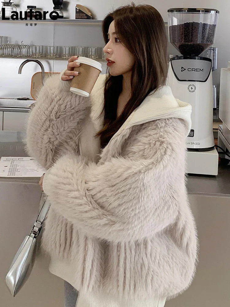 2022 Korean Fashion Women's Faux Fur Coat - Soft Warm Shaggy Hooded Long Sleeve Zip Up Jacket for Autumn Winter Casual Wear | Perfect for Outdoor Activities, Street Style & Cold Weather Fashion