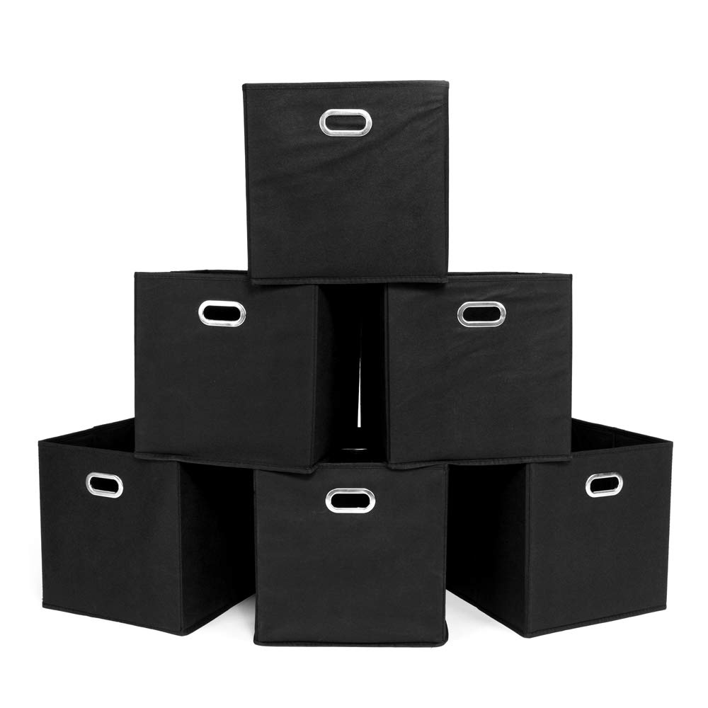Foldable Fabric Storage Bins Set of 6 - Black Cubby Organizer Bins with Handles for Closet, Nursery, Office & Home Organization (Multi-Purpose Storage Solution)