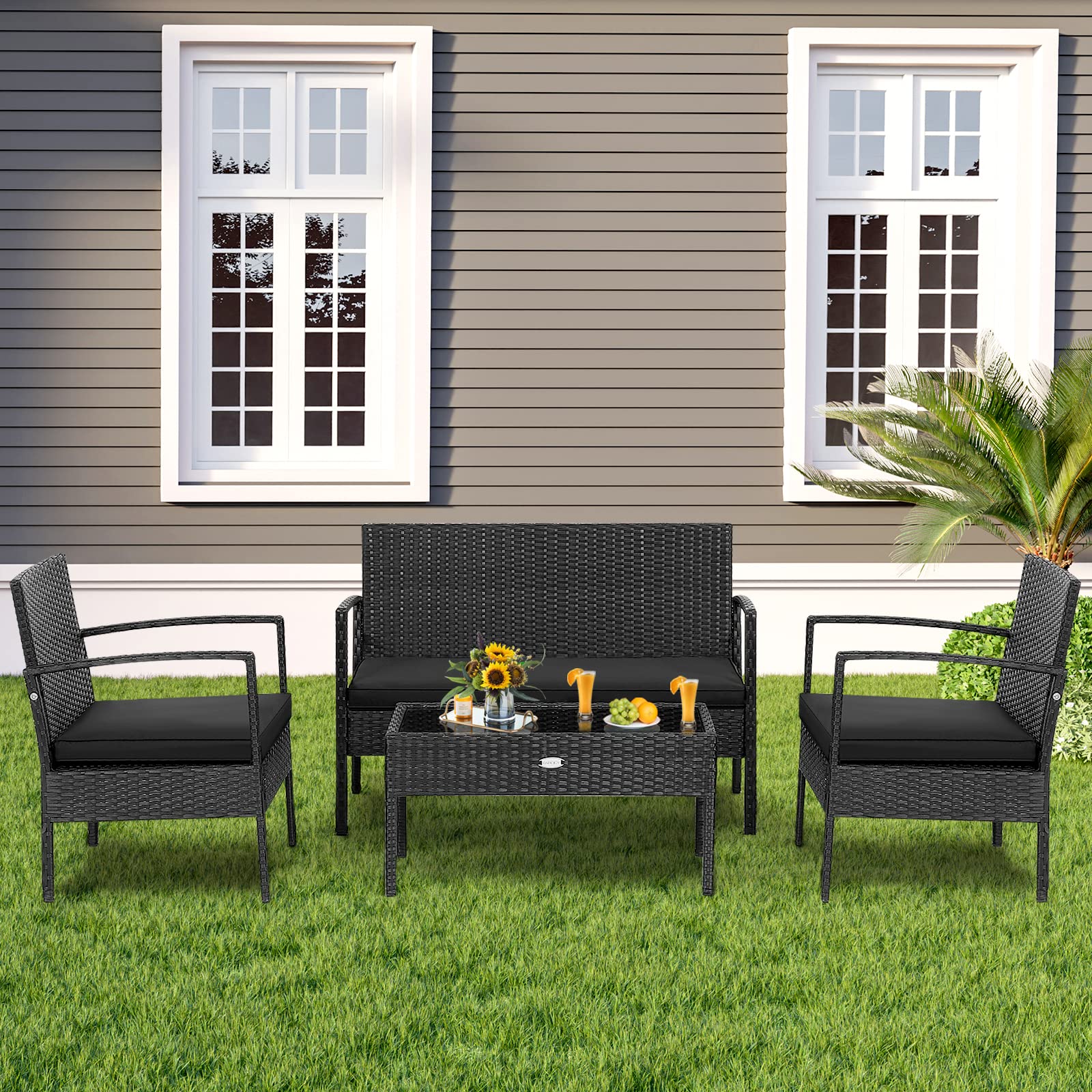 Tangkula 4-Piece Outdoor Patio Furniture Set - Rattan Wicker Sofa with Glass Coffee Table, Sturdy Steel Frame & Ergonomic Seating for Garden, Backyard, Balcony, Poolside - Perfect for Relaxing & Entertaining Outdoors