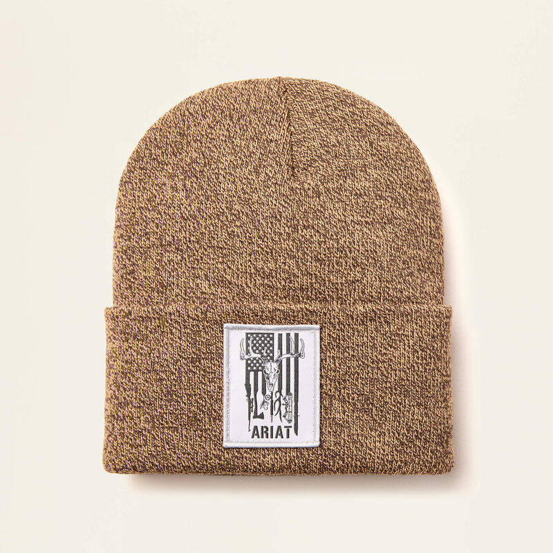 American Outdoors Patch Beanie Hat - Dark Brown/Sandstone - Warm Winter Knit Cap for Men & Women - Perfect for Hiking, Camping and Cold Weather Activities