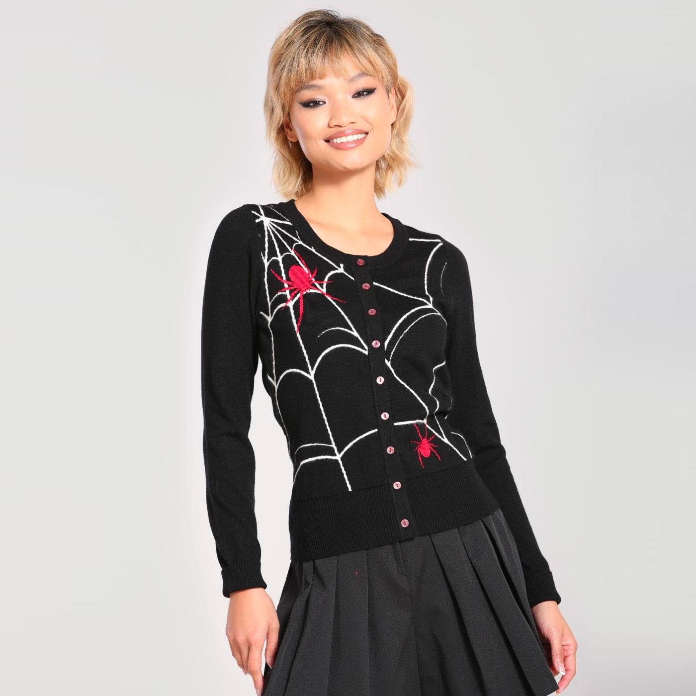 Stylish Hell Bunny Black Spider Web Cardigan with Red Spider Accents - Perfect for Halloween, Goth Fashion & Vintage Lovers