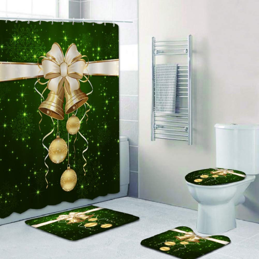 4pcs Christmas Shower Curtain Set with Hooks & Mats for Holiday Bathroom Decor