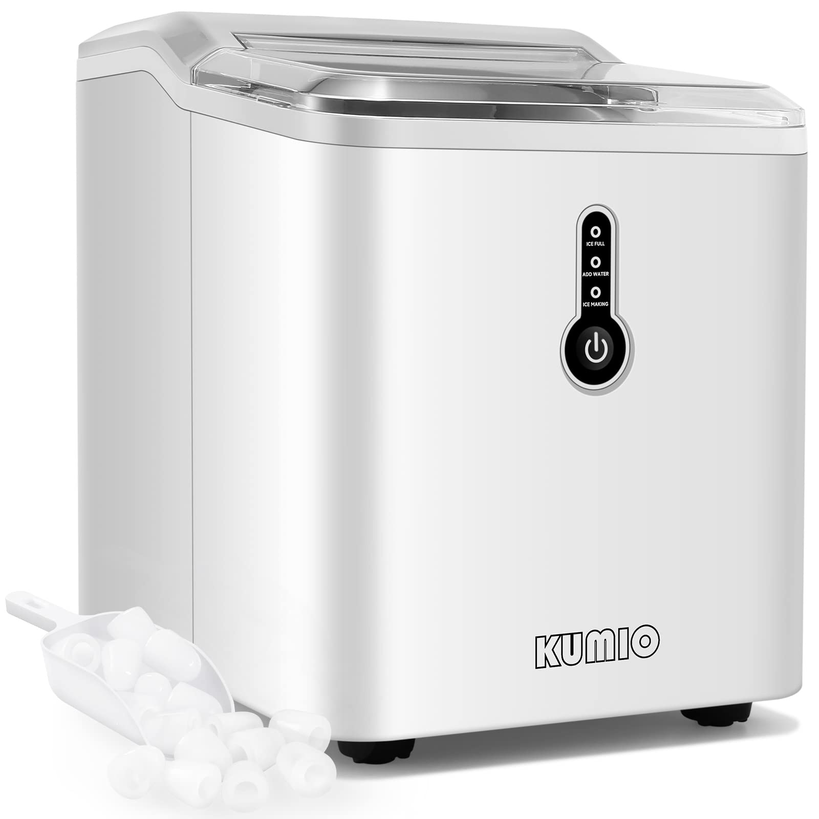 KUMIO Portable Countertop Ice Maker Machine - 9 Bullet-Shaped Ice Cubes in 6-9 Minutes, 26.5 Lbs Daily Output with Ice Scoop & Basket - Perfect for Home, Kitchen, Office, Parties & Outdoor Events - White