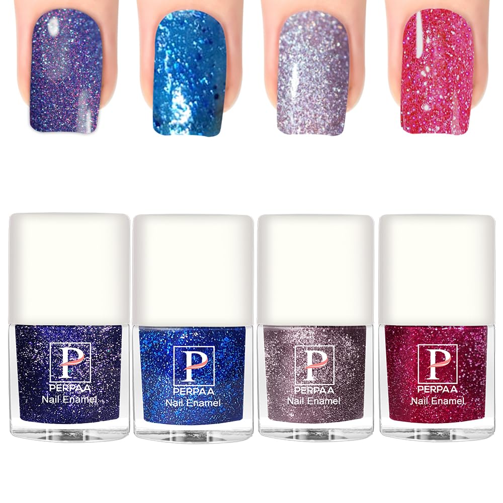 PERPAA Glitter Nail Polish Set of 4 (5ml Each) - Shimmery Metallic Nail Art Polish for Women & Girls - Perfect for Parties, Holidays & Special Occasions