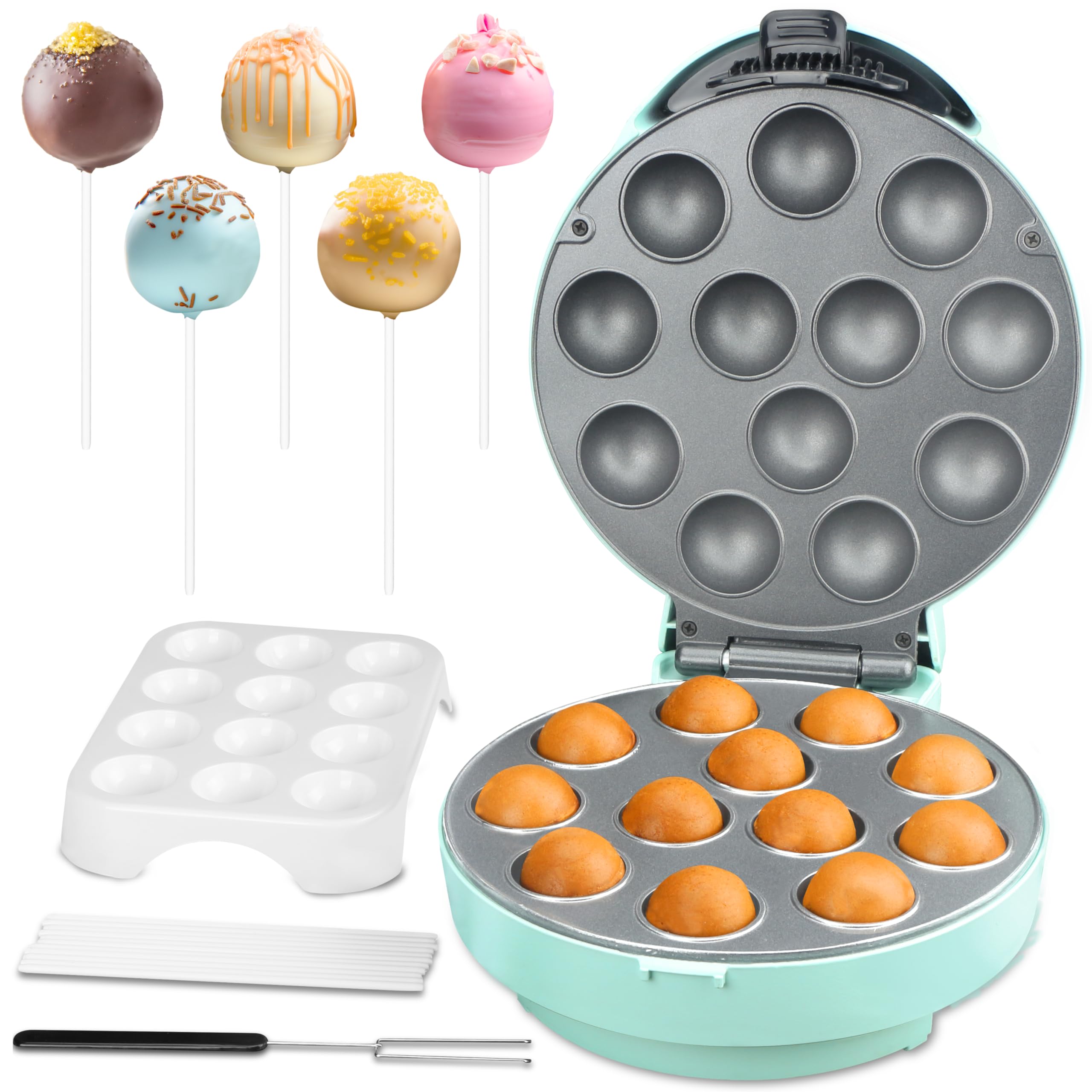 Baker's Friend Cake Pop Maker Machine Set - 12 Cake Pops Capacity with Stand, Sticks & Fork Tool, Aquamarine Blue - Perfect for Birthday Parties, Baby Showers & Holiday Baking Gifts