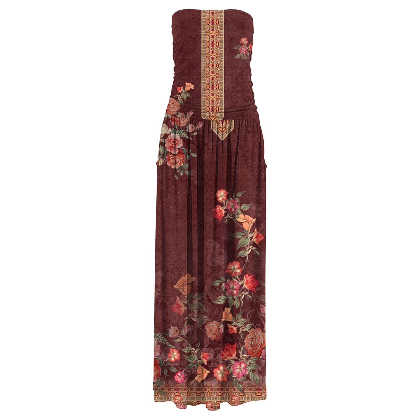 Strapless Floral Bodycon Maxi Dress - Summer Boho Sundress with Pockets for Beach & Party